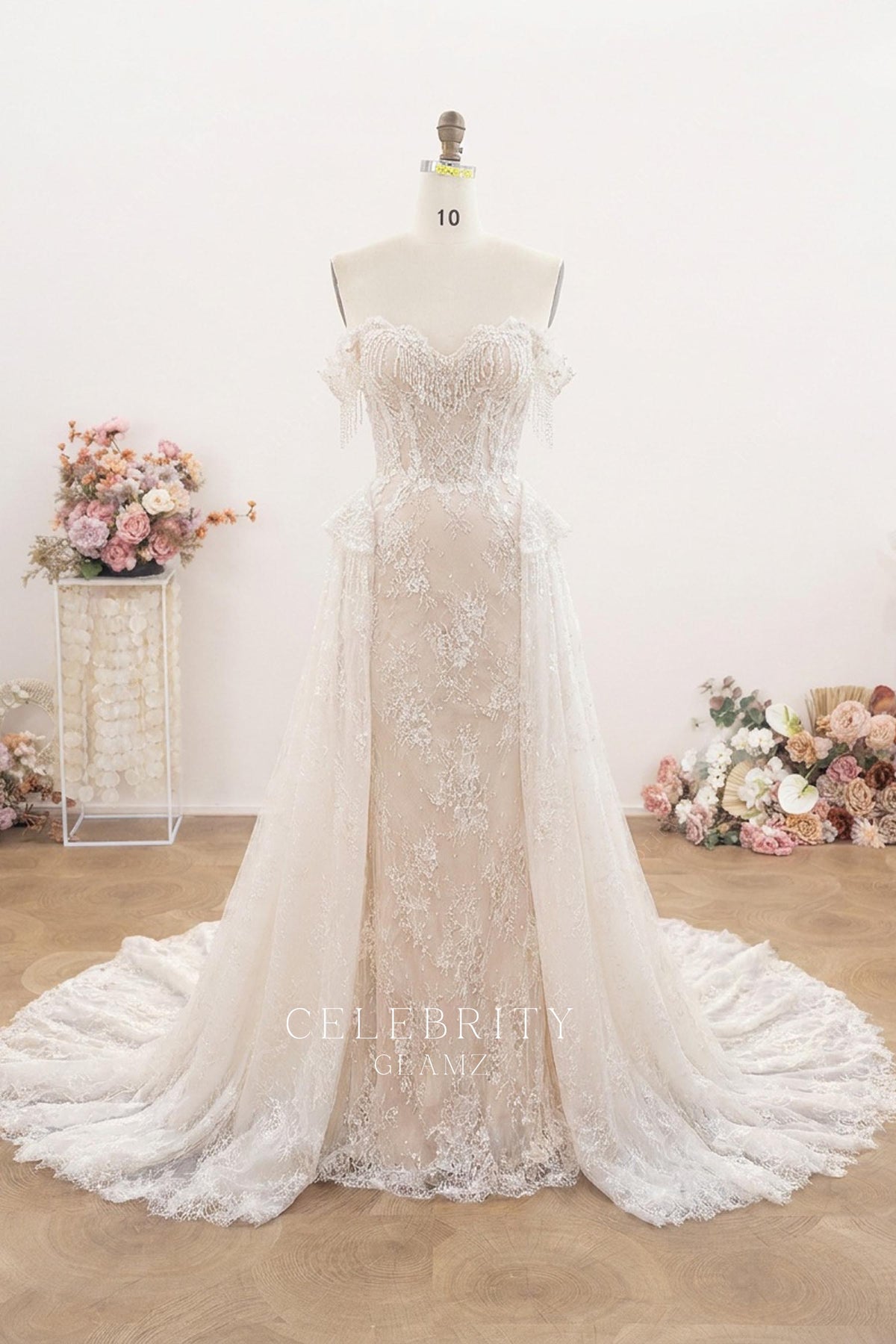 off shoulder sweetheart neck overskirt wedding dress