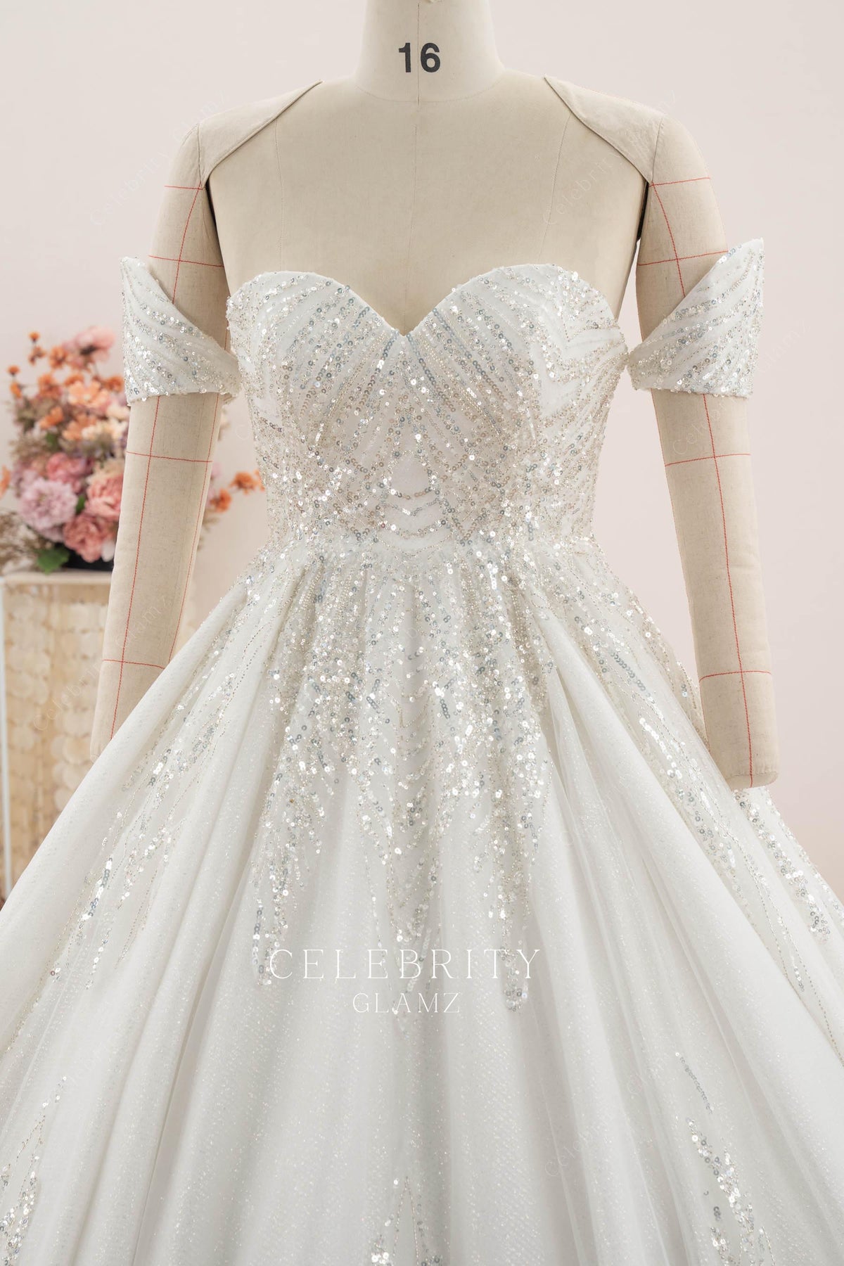 off shoulder sweetheart neck wedding dress