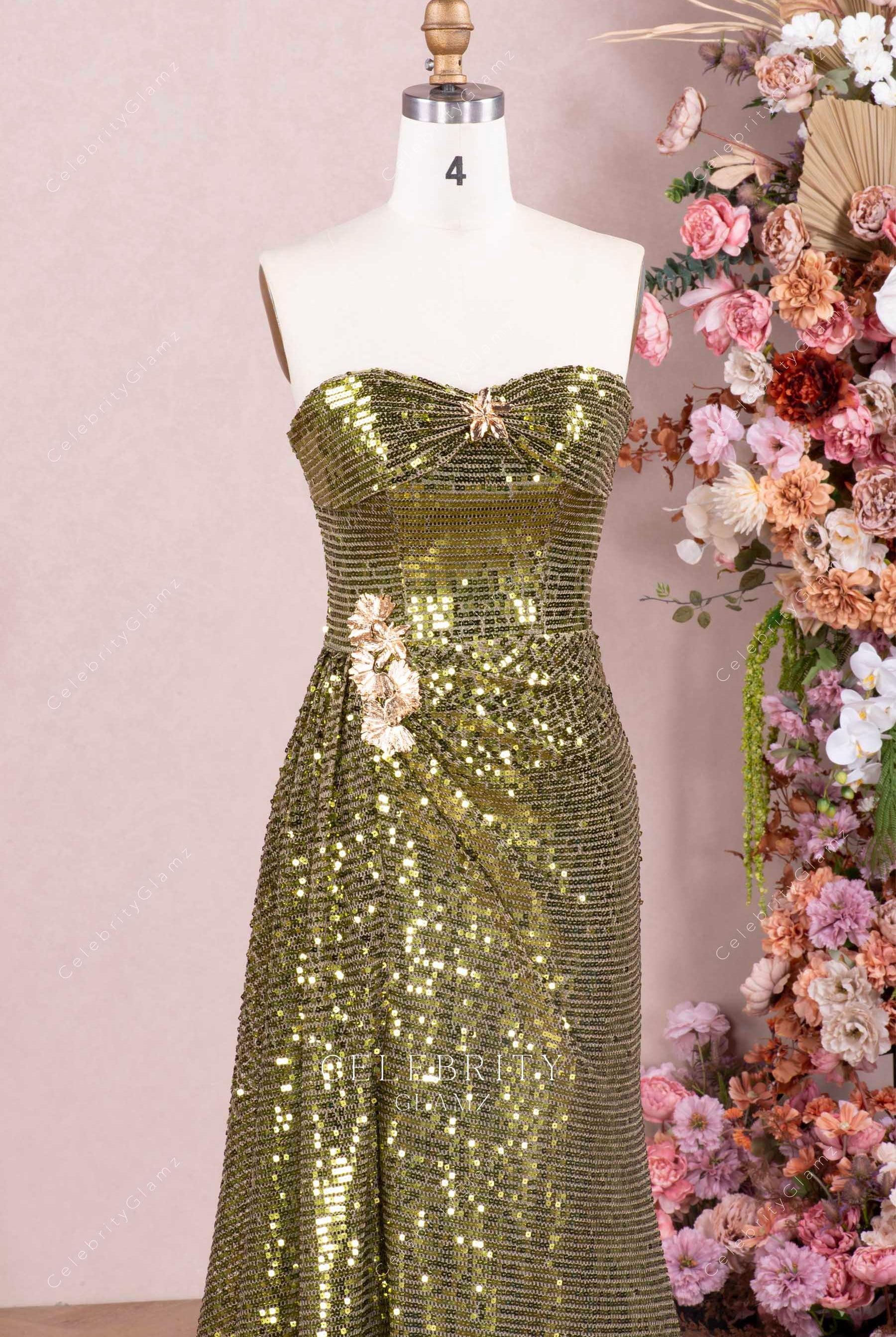 olive glitter strapless evening dress