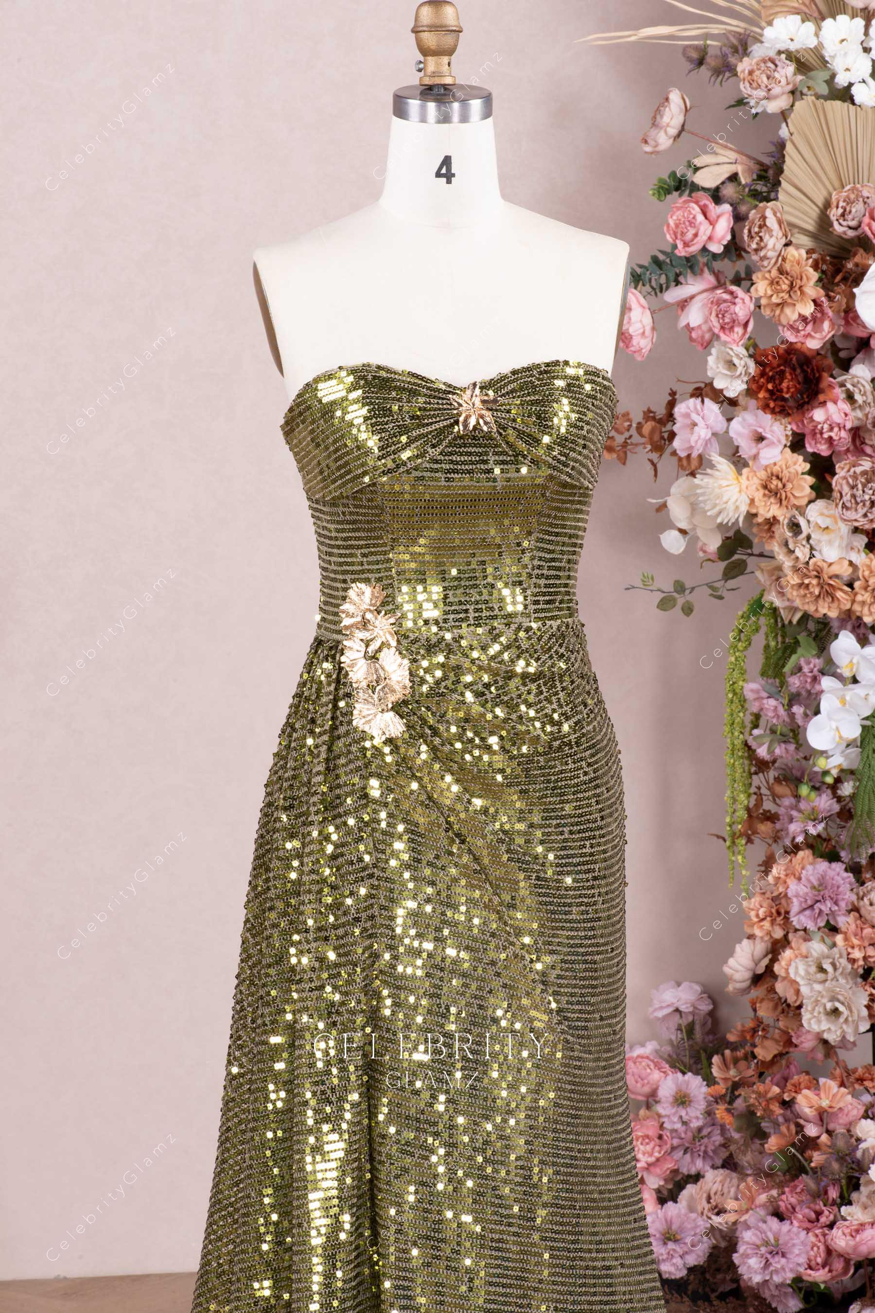 olive glitter strapless evening dress
