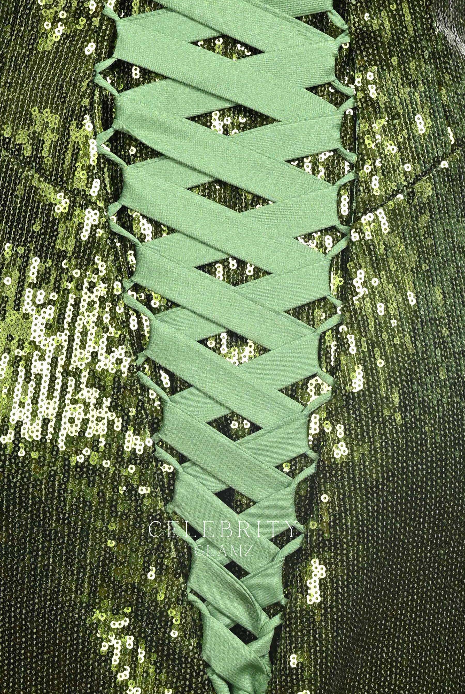 olive green lace up back prom dress