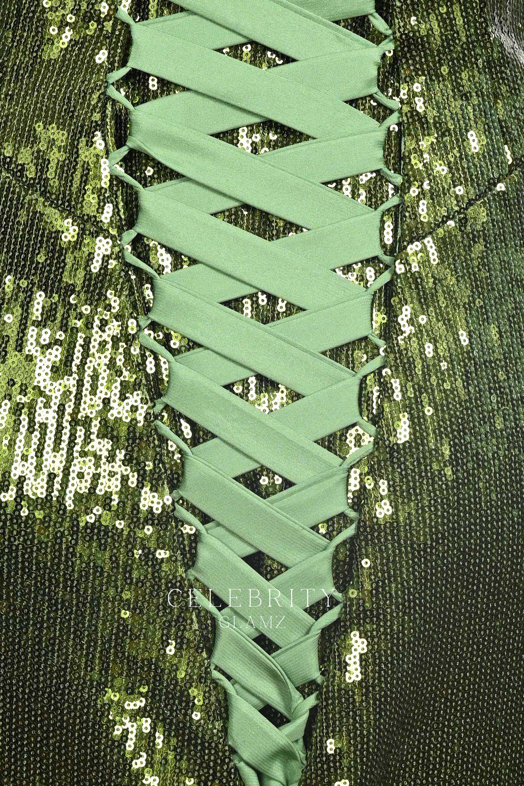 olive green lace up back prom dress