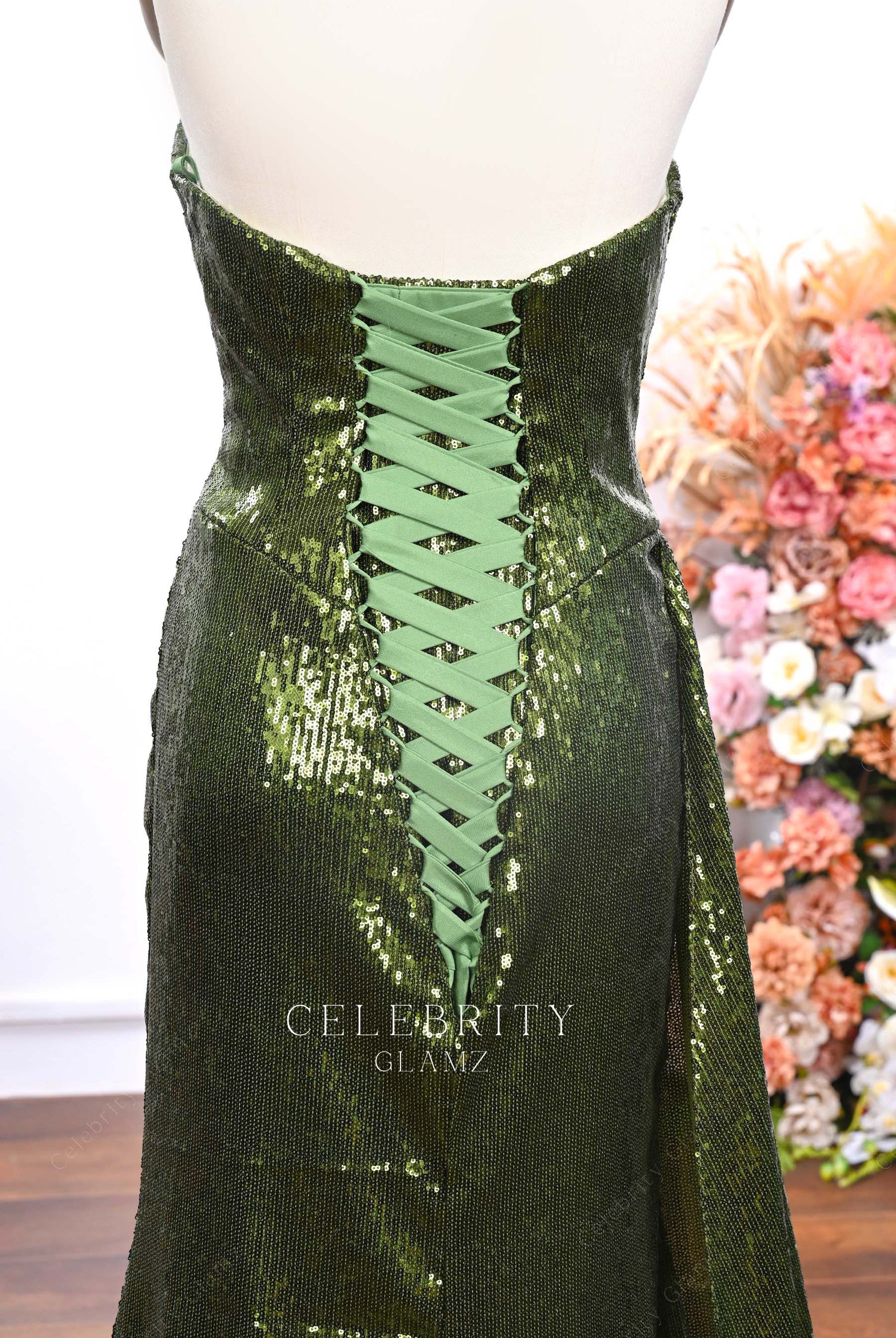 olive green sequin fit flare prom dress