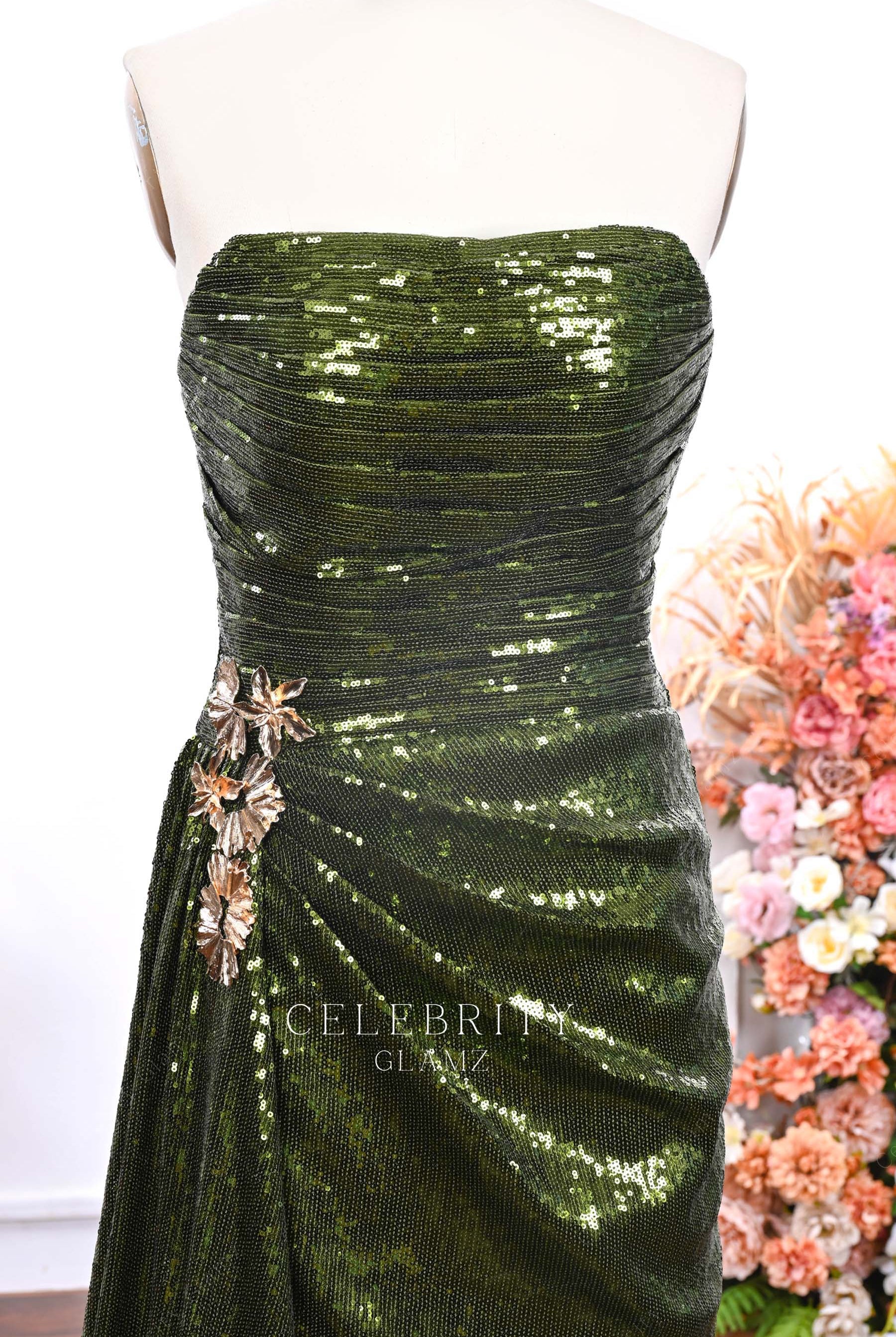 olive green straight across prom dress
