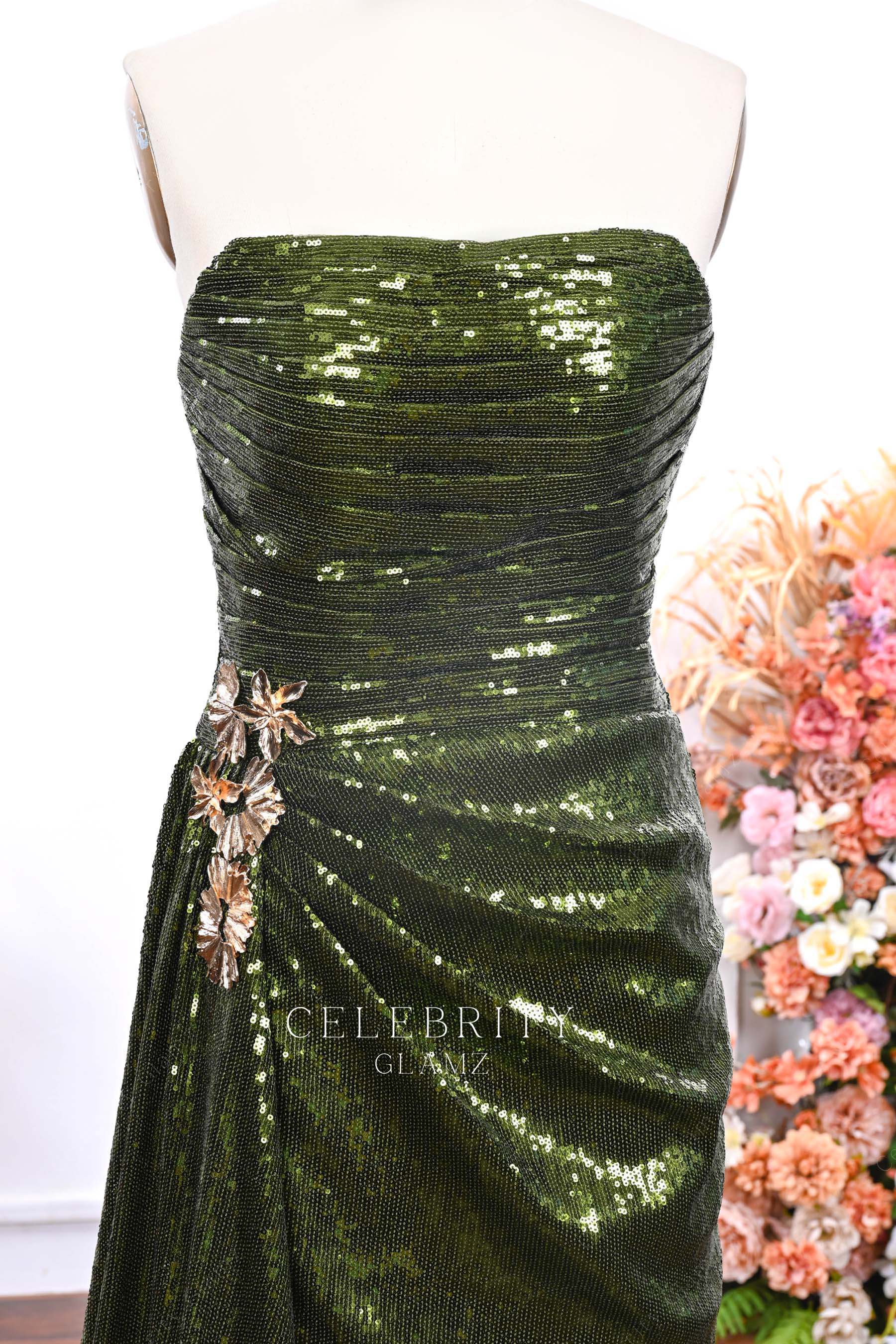 olive green straight across prom dress
