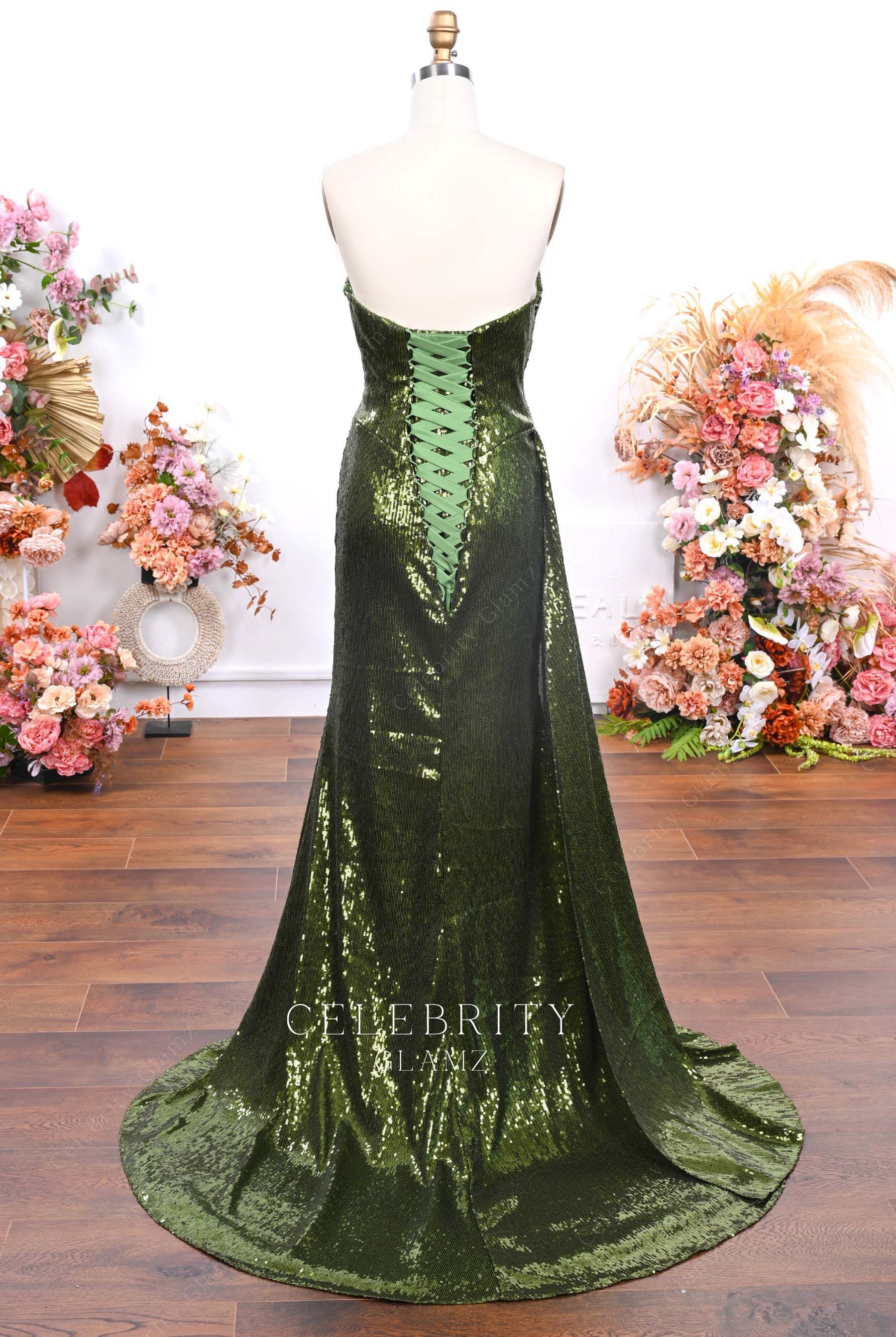 olive green sweep train prom dress