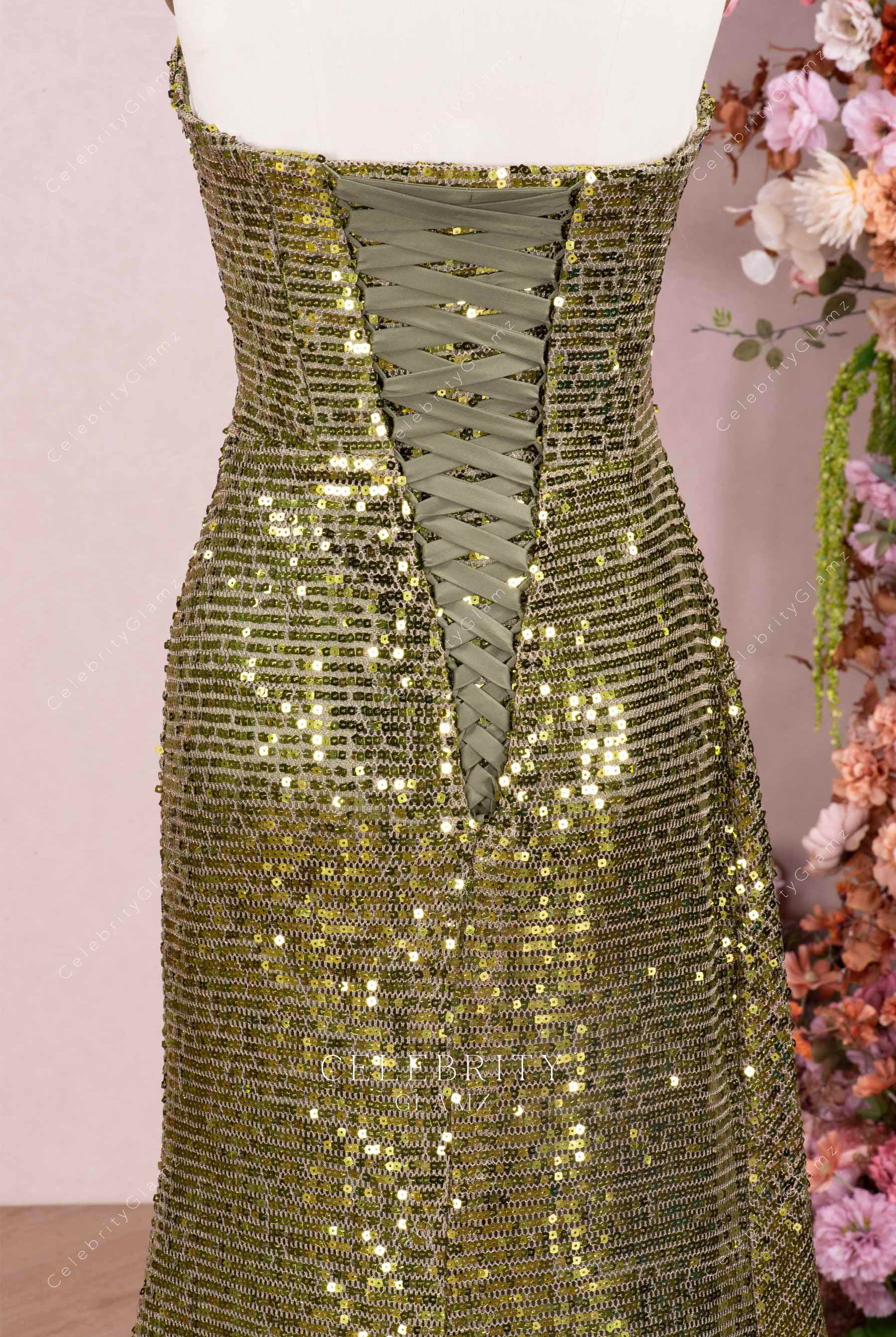 olive lace up back prom dress