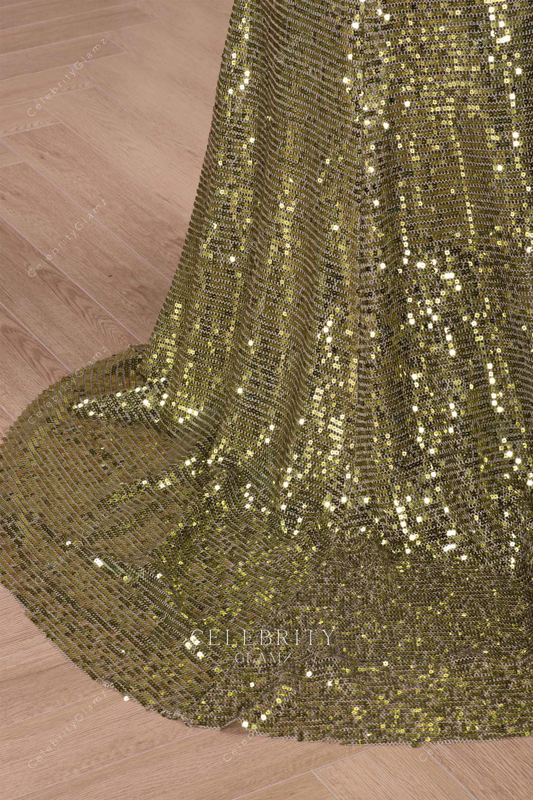 olive sequined court train dress