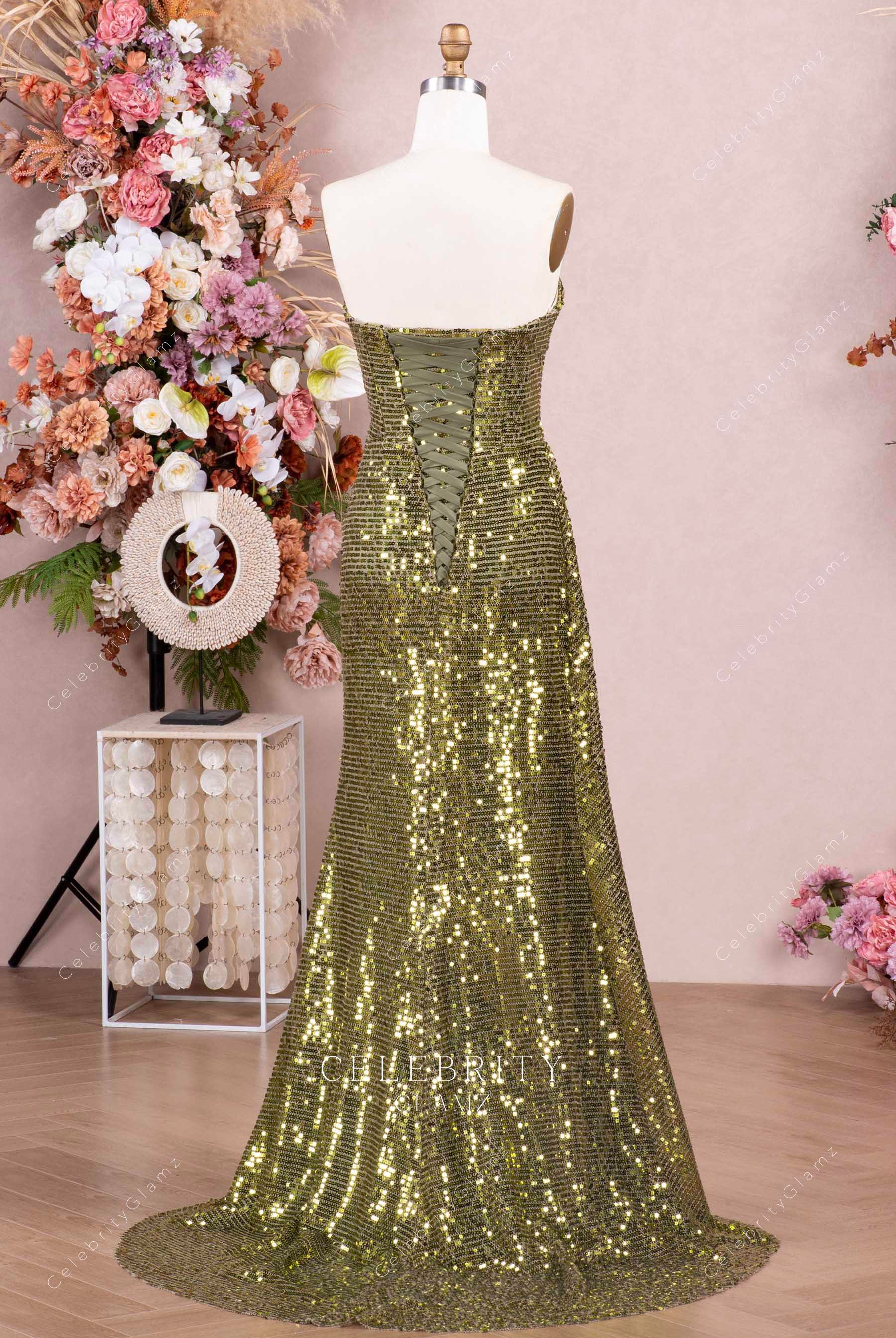 olive sequined fit flare prom dress