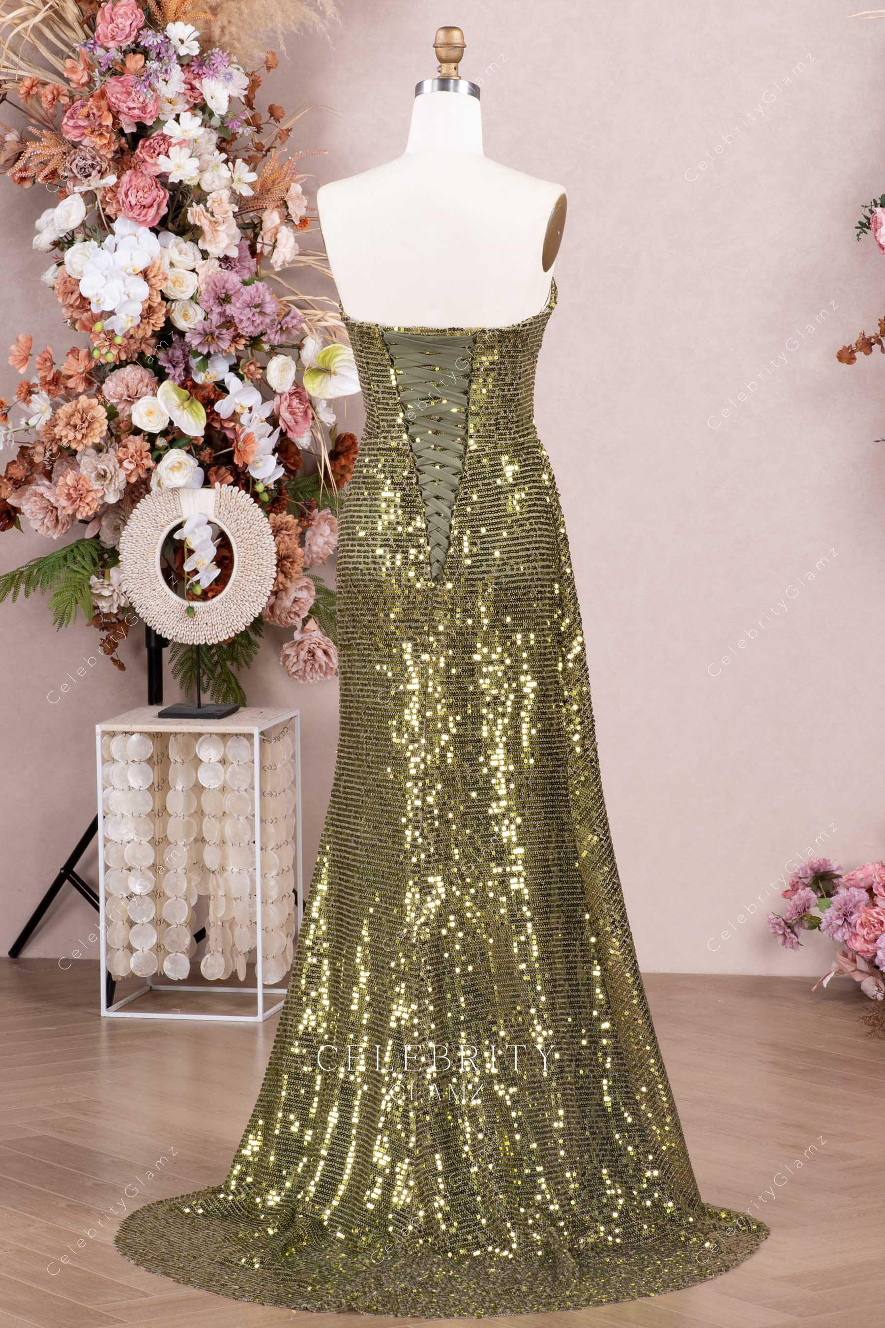 olive sequined fit flare prom dress