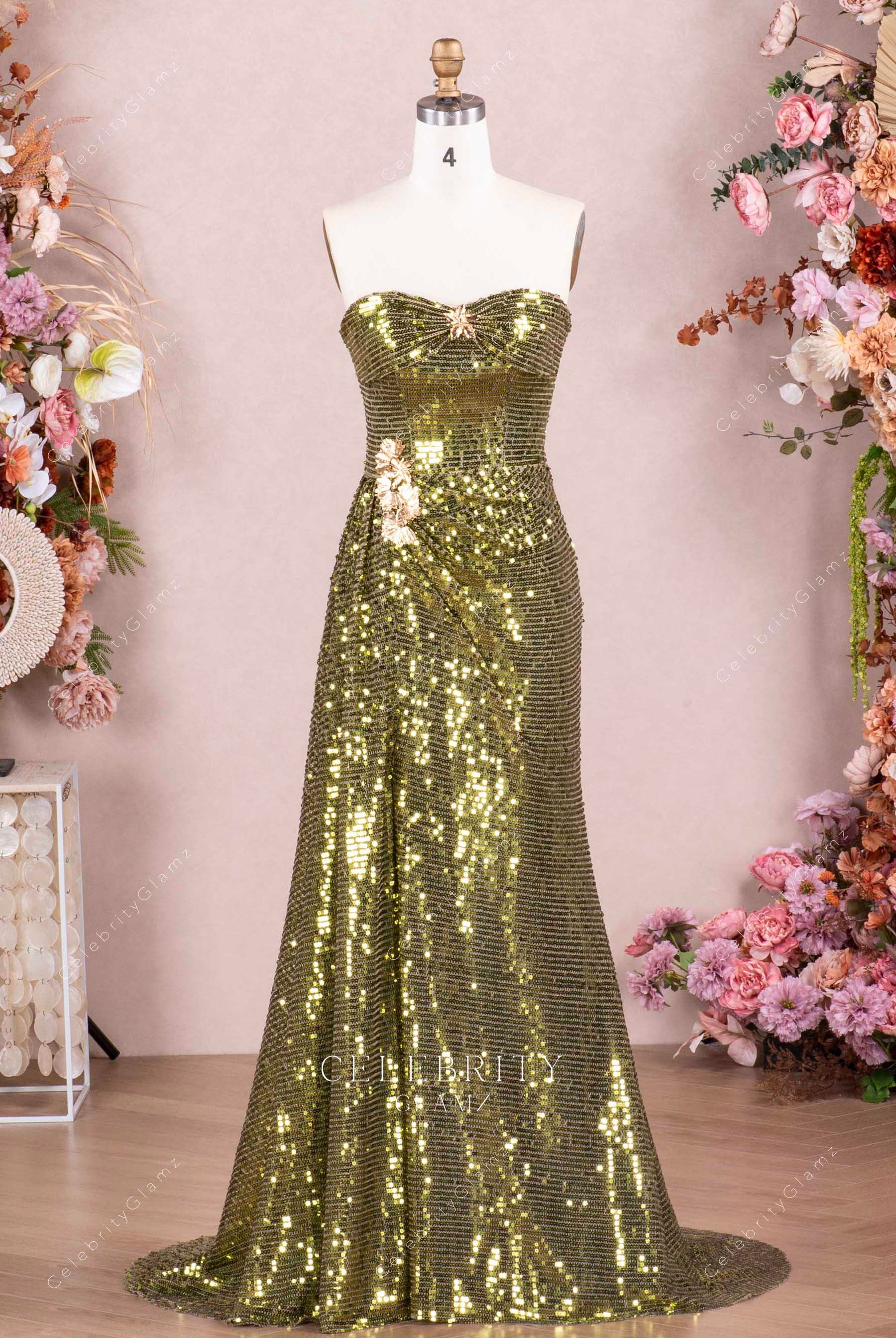 olive sequined strapless prom dress