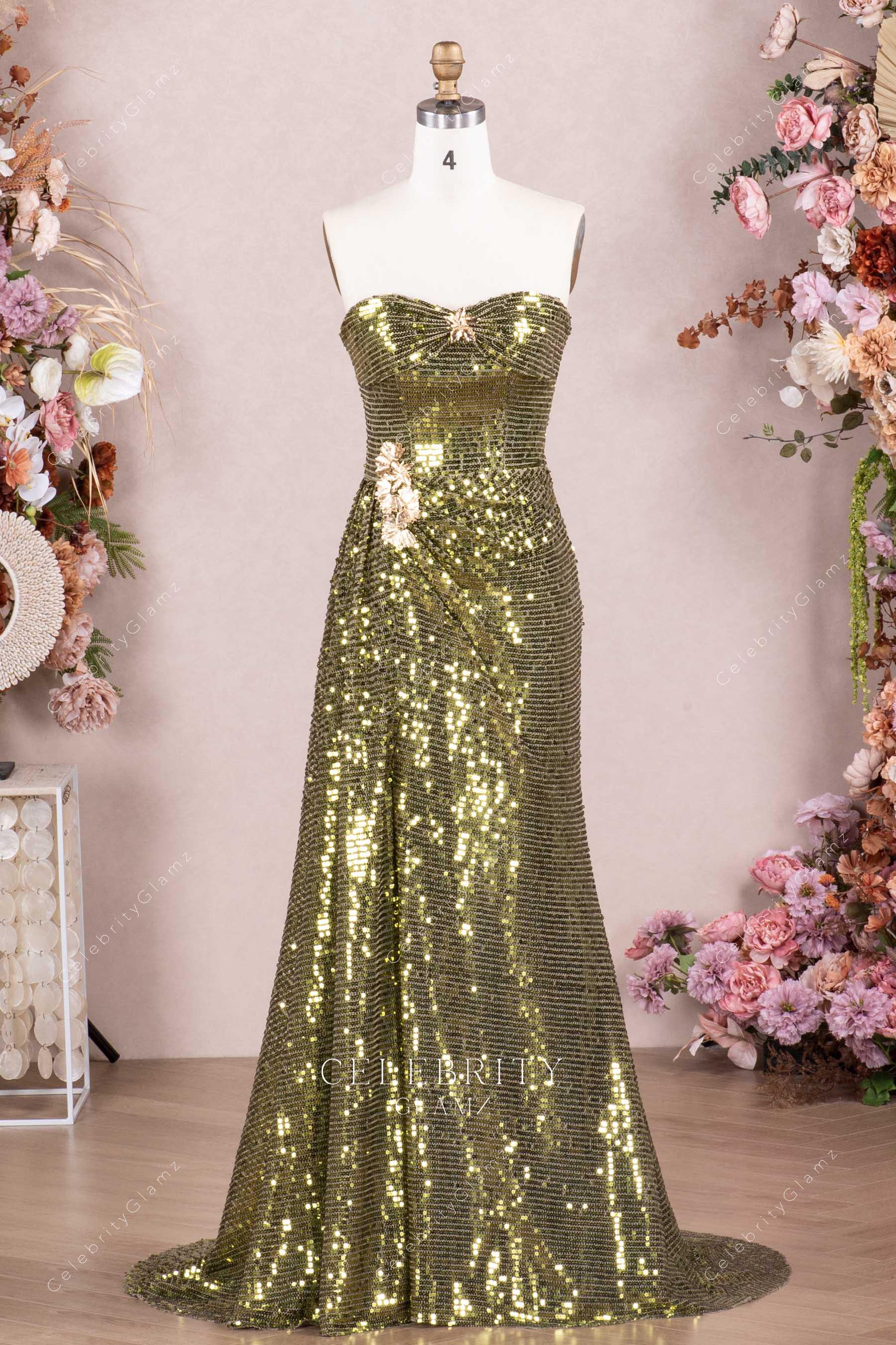 olive sequined strapless prom dress