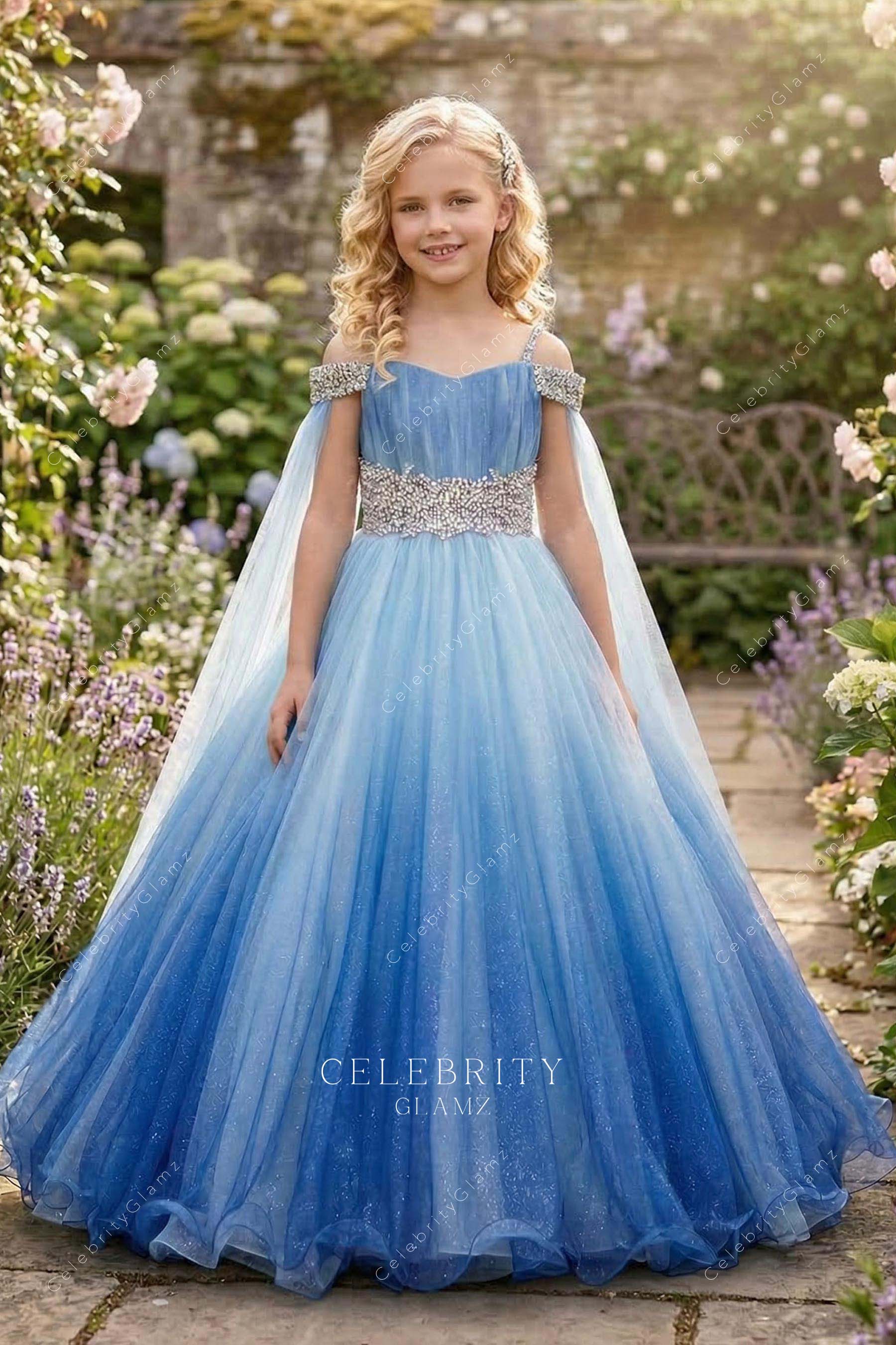 ombre blue cold shoulder a line pageant dress