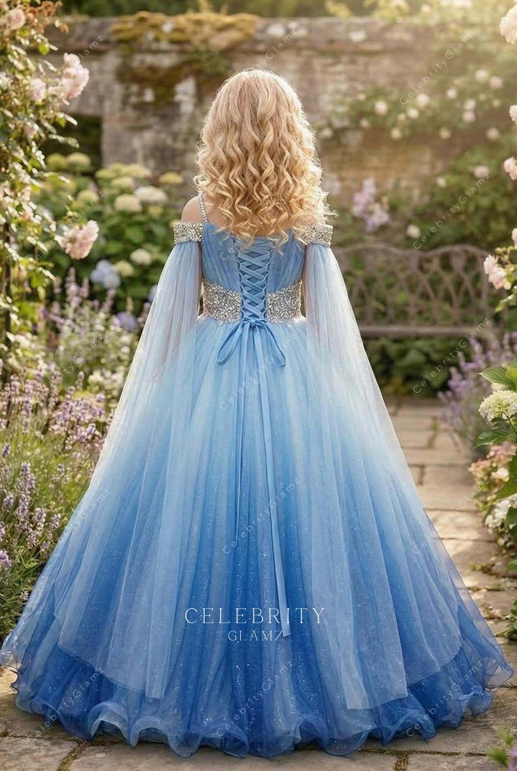 ombre blue lace up back a line pageant dress