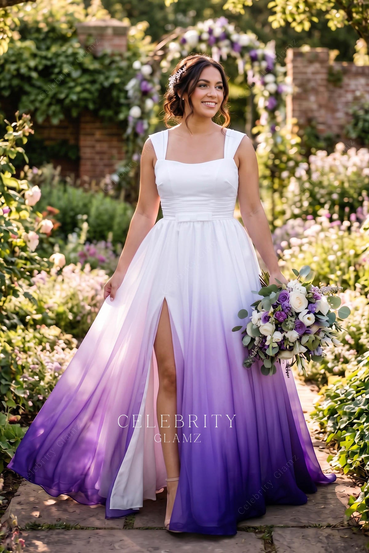 ombre organza thigh slit a line bridal dress