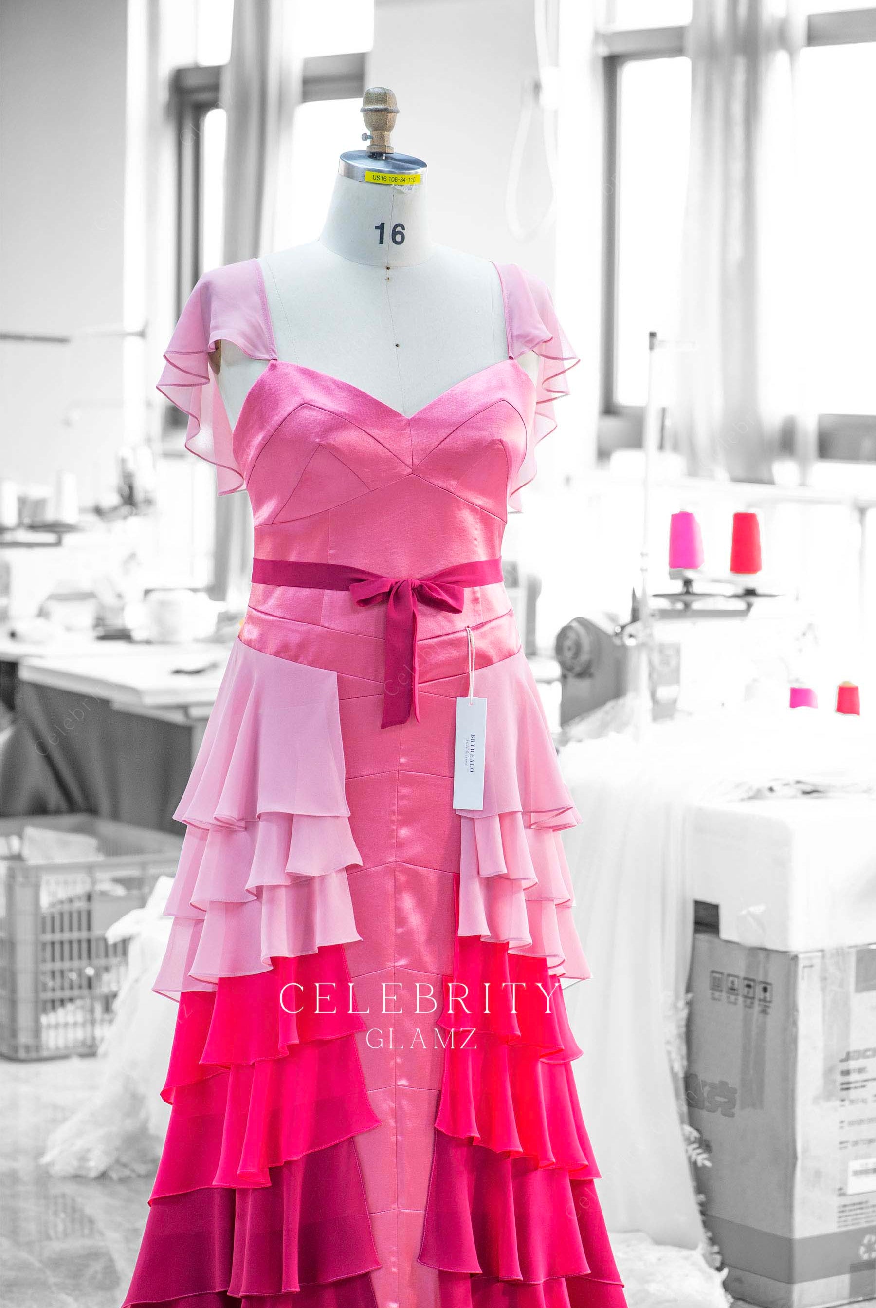 ombre pink flutter sleeves formal dress