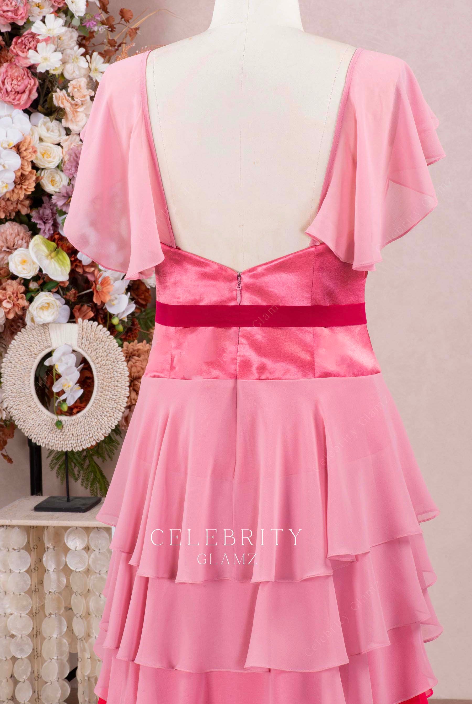 ombre pink open back formal dress