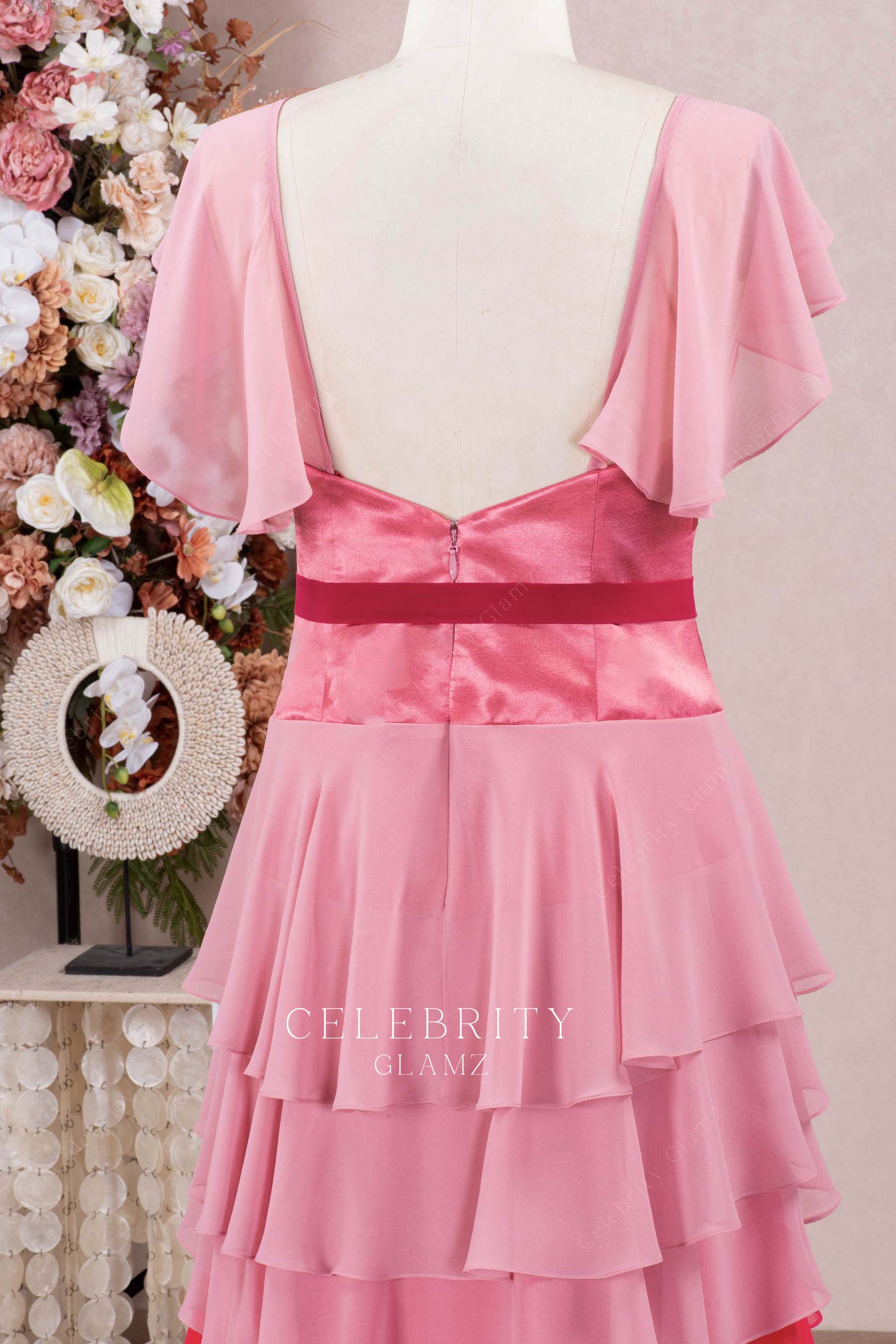 ombre pink open back formal dress