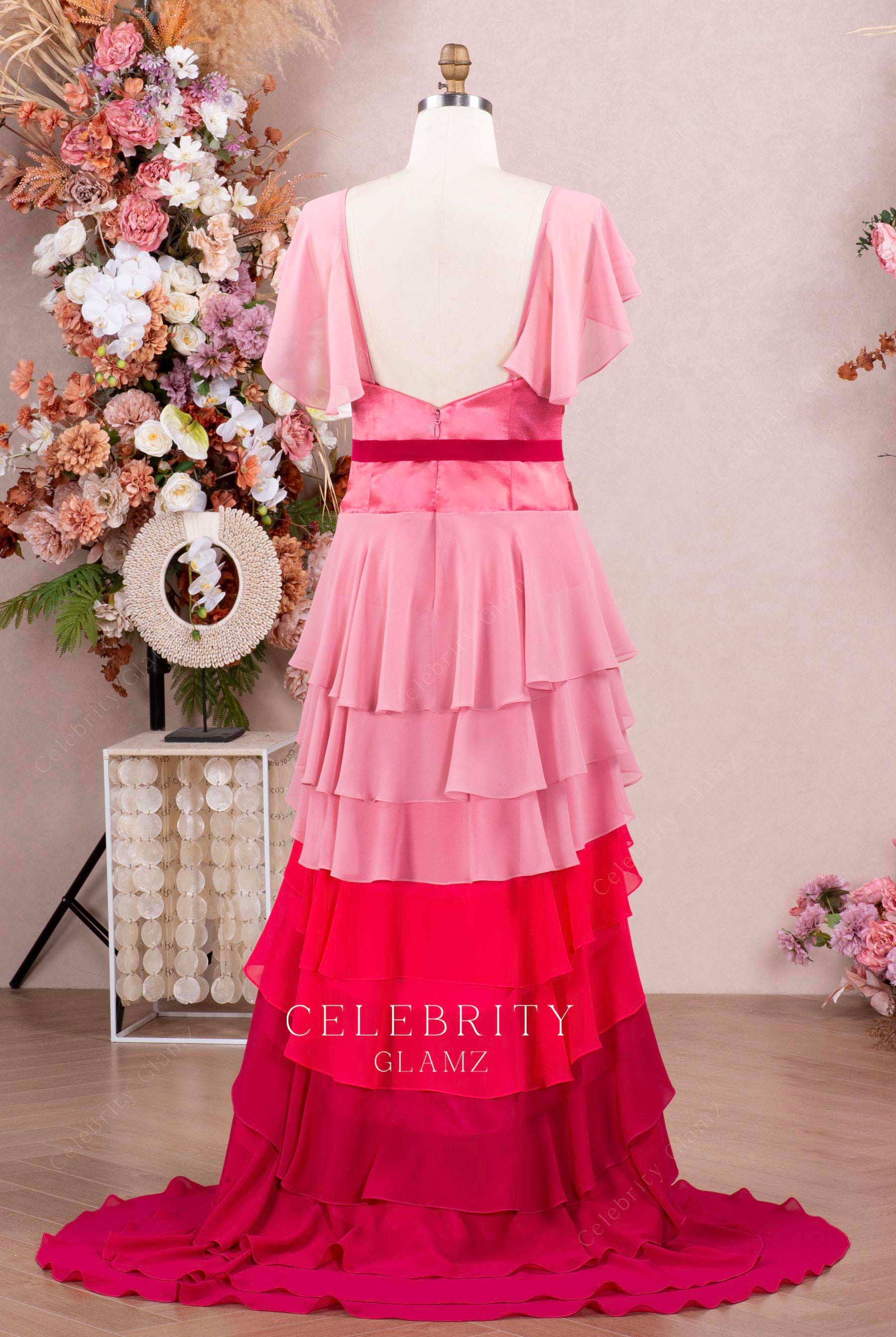 ombre pink sweep train formal dress