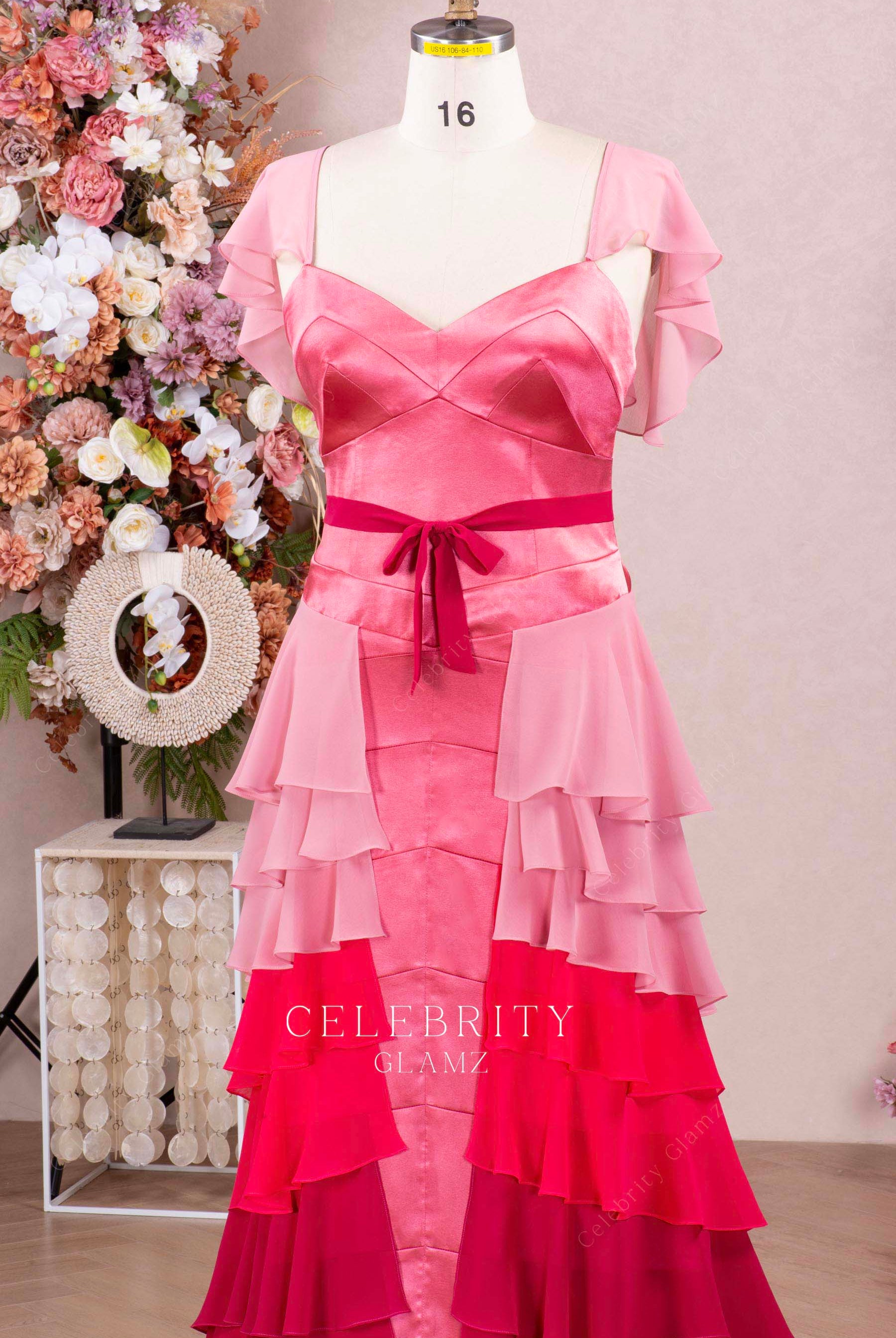 ombre pink v neck formal dress