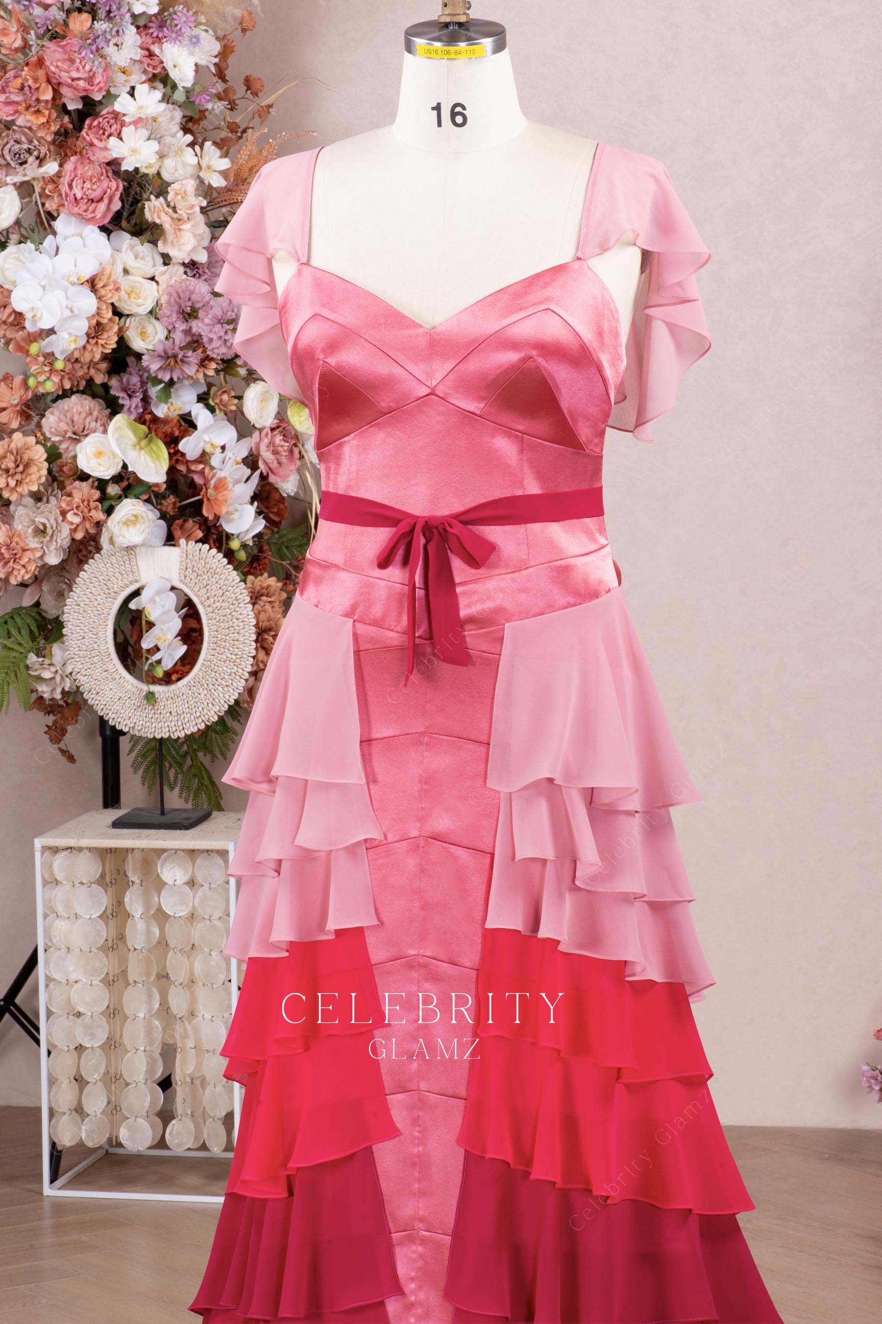 ombre pink v neck formal dress