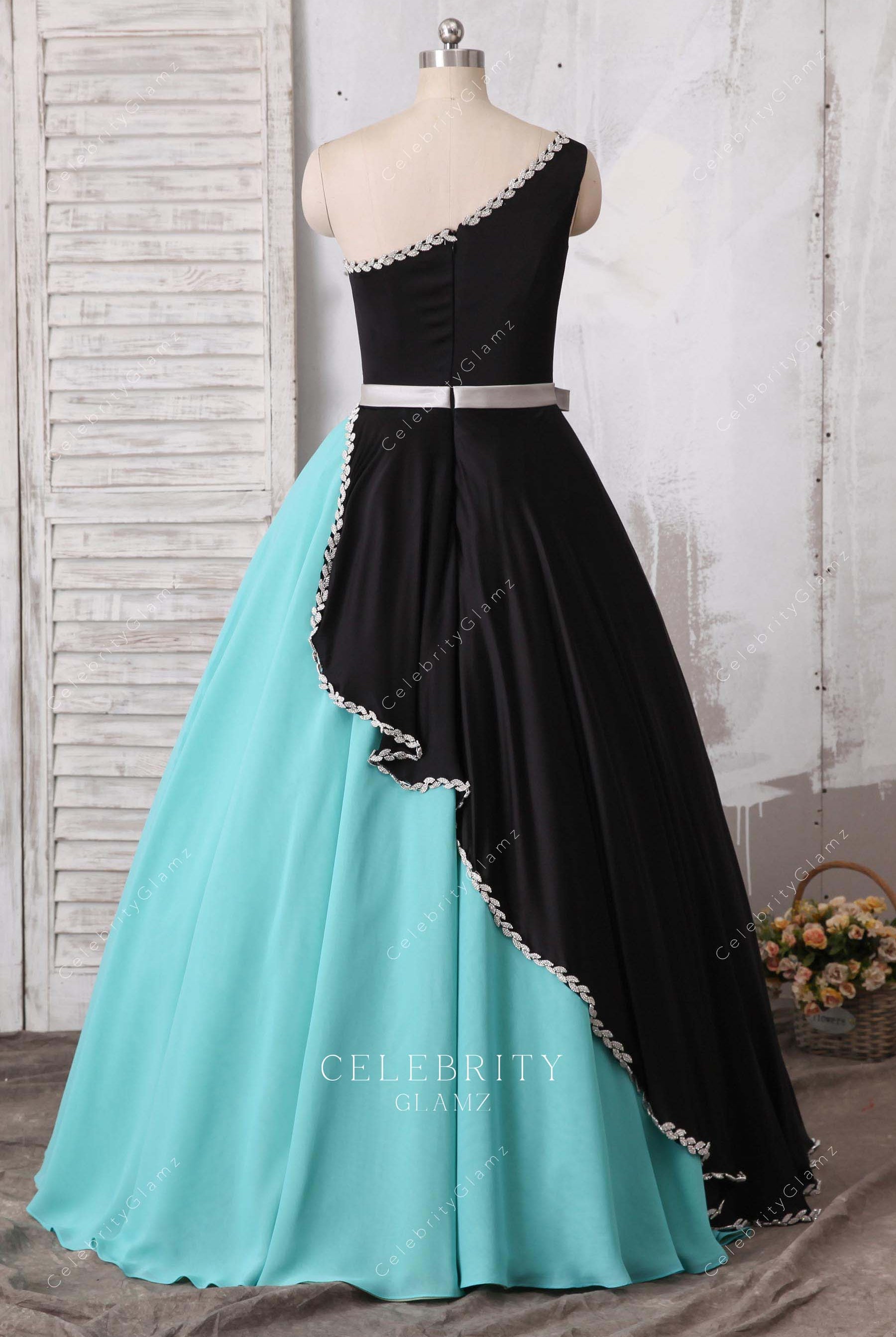 one shoulder ball gown satin prom dress