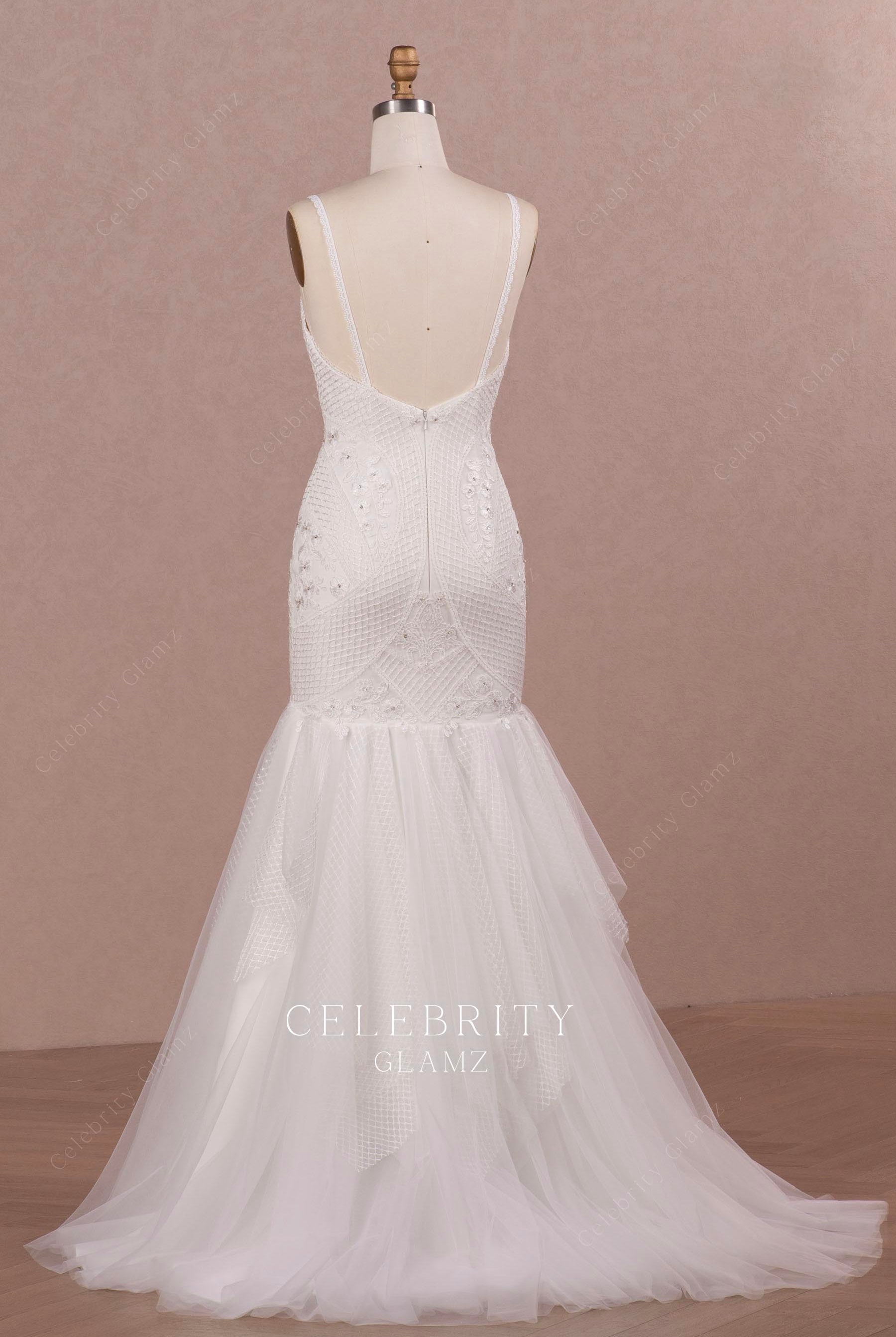 open back layered skirt trumpet bridal dress