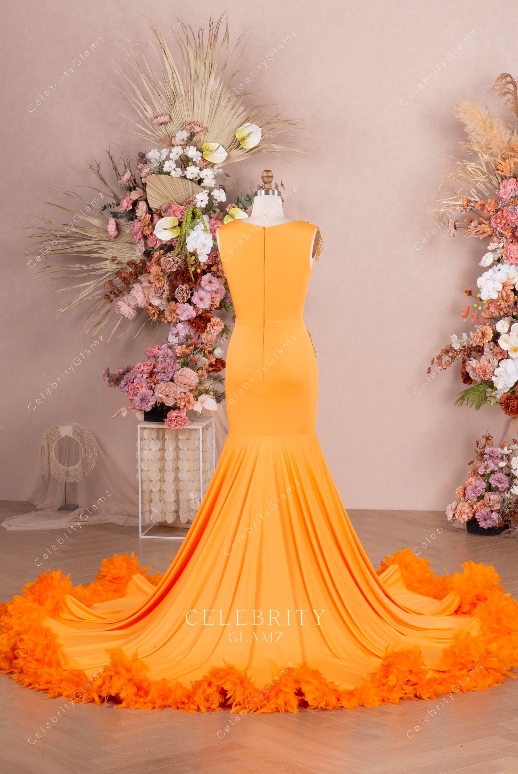 orange chapel train prom dress