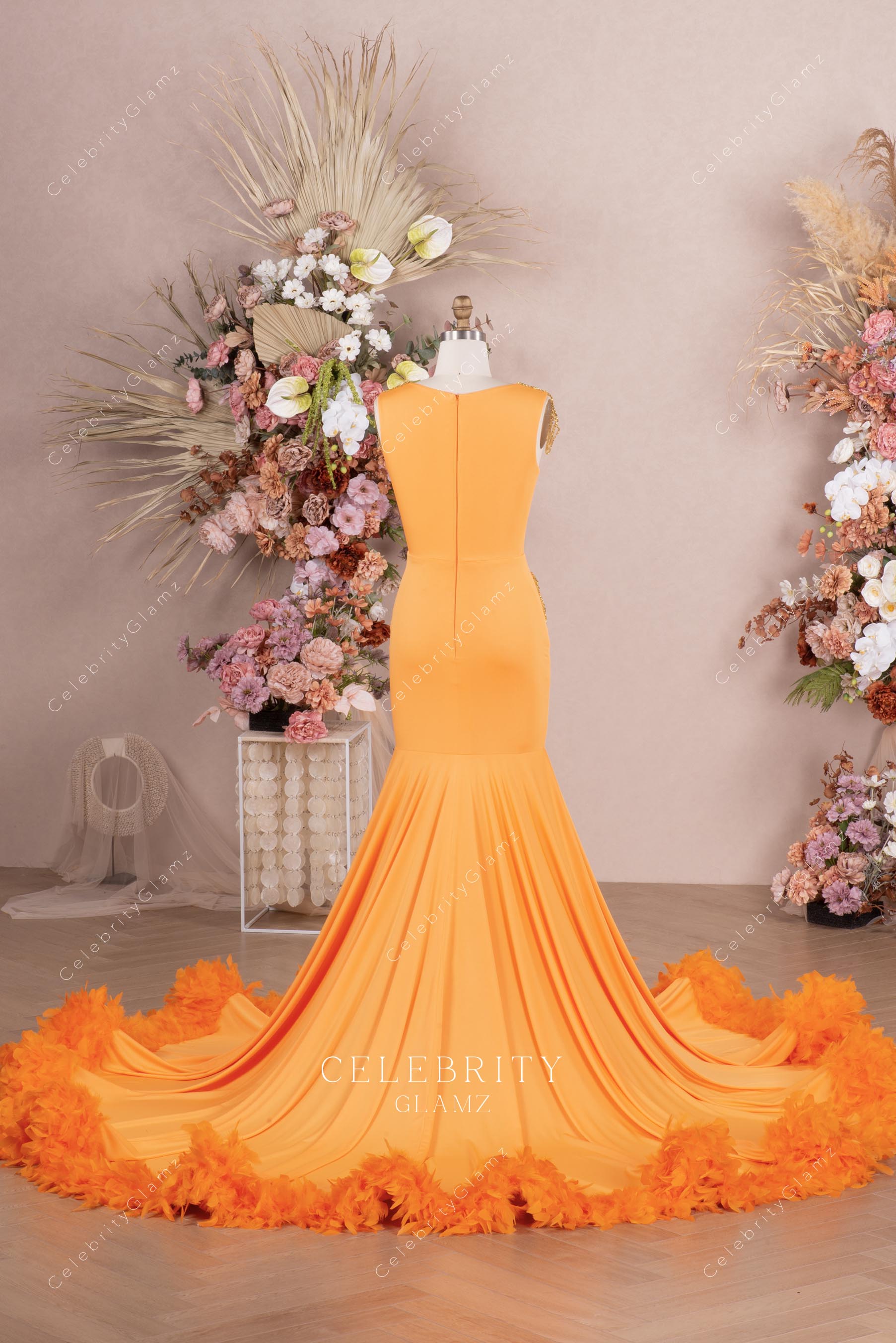 orange chapel train prom dress