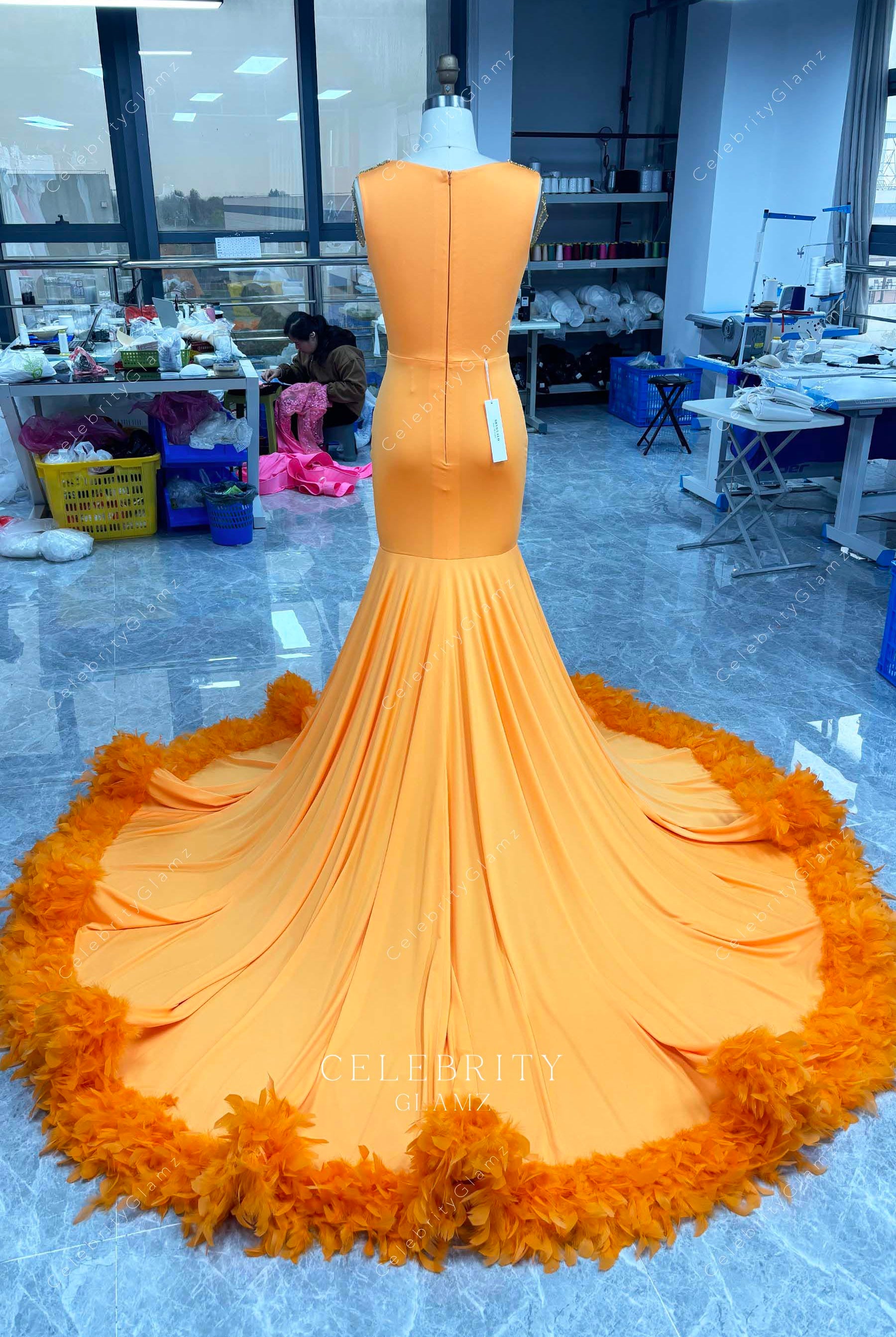 orange feathers hem formal dress