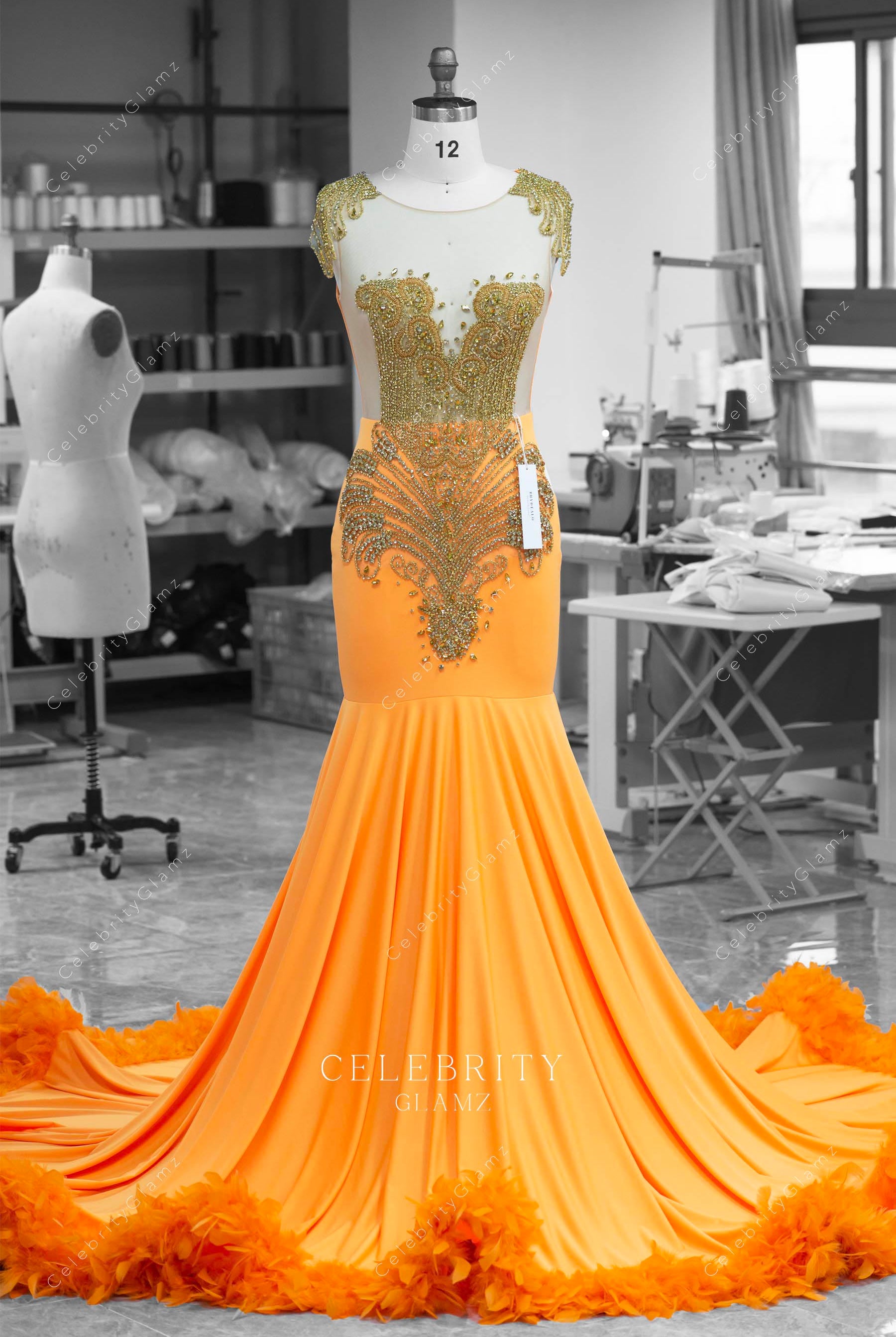 orange feathers prom dress