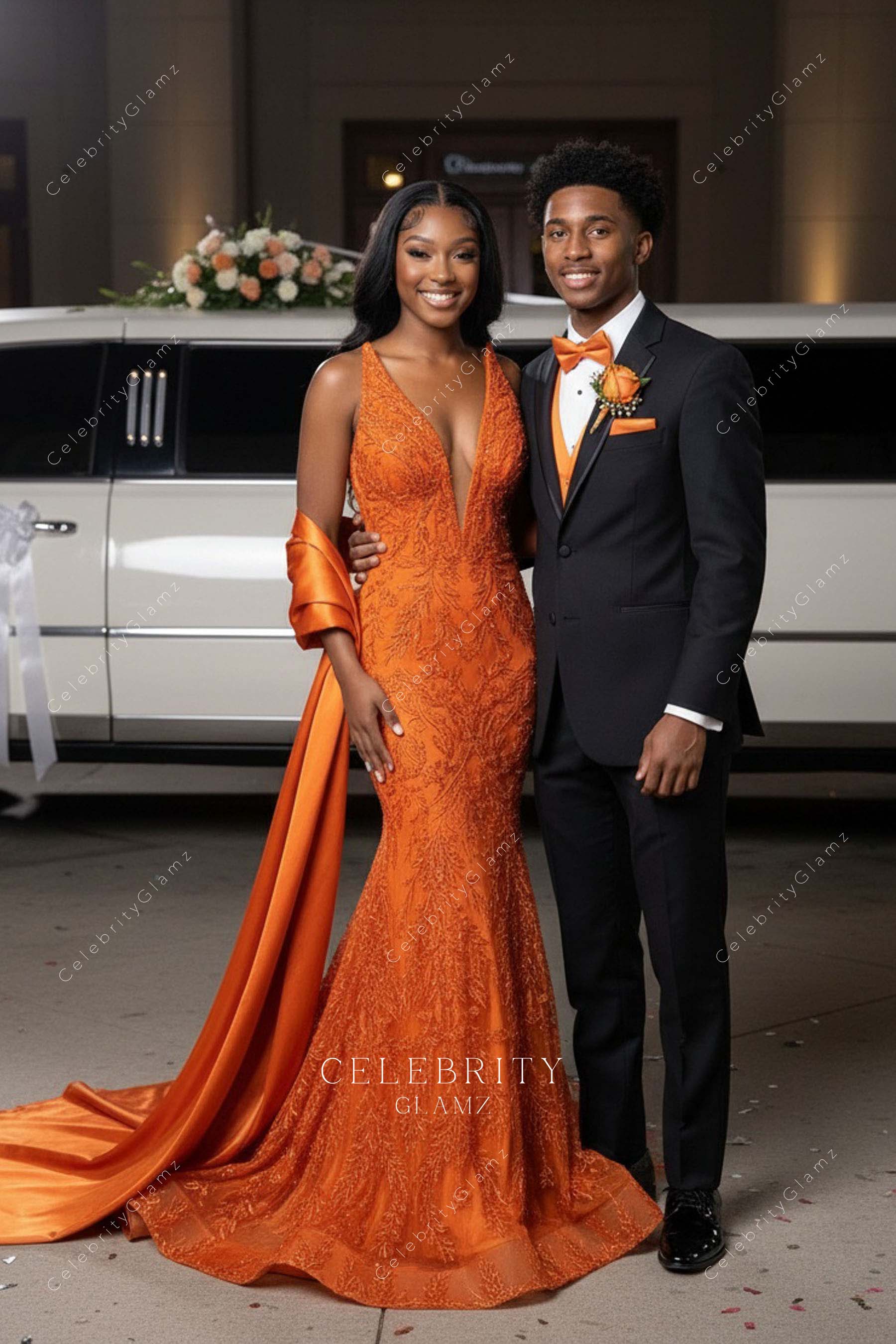 orange lace plunging neck prom dress