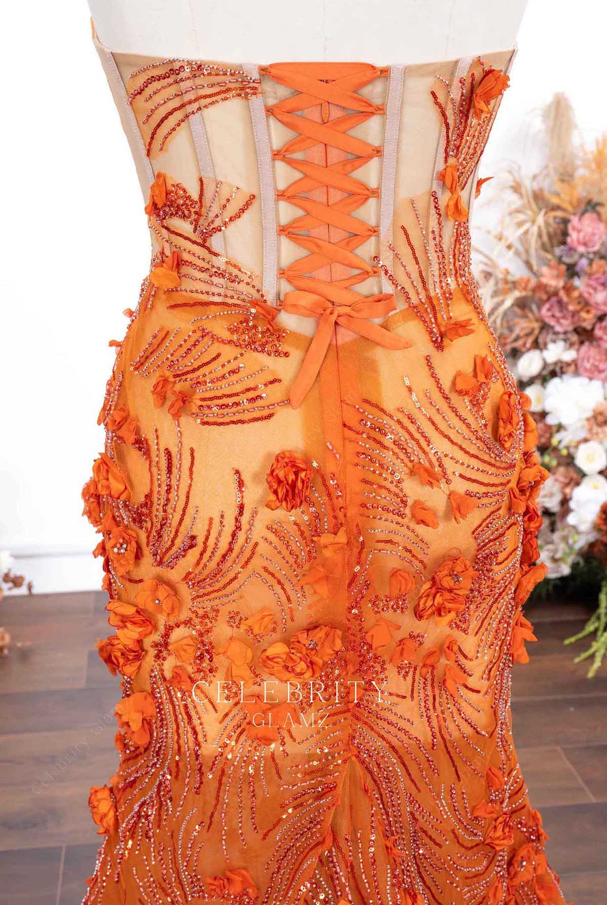 orange lace up back prom dress