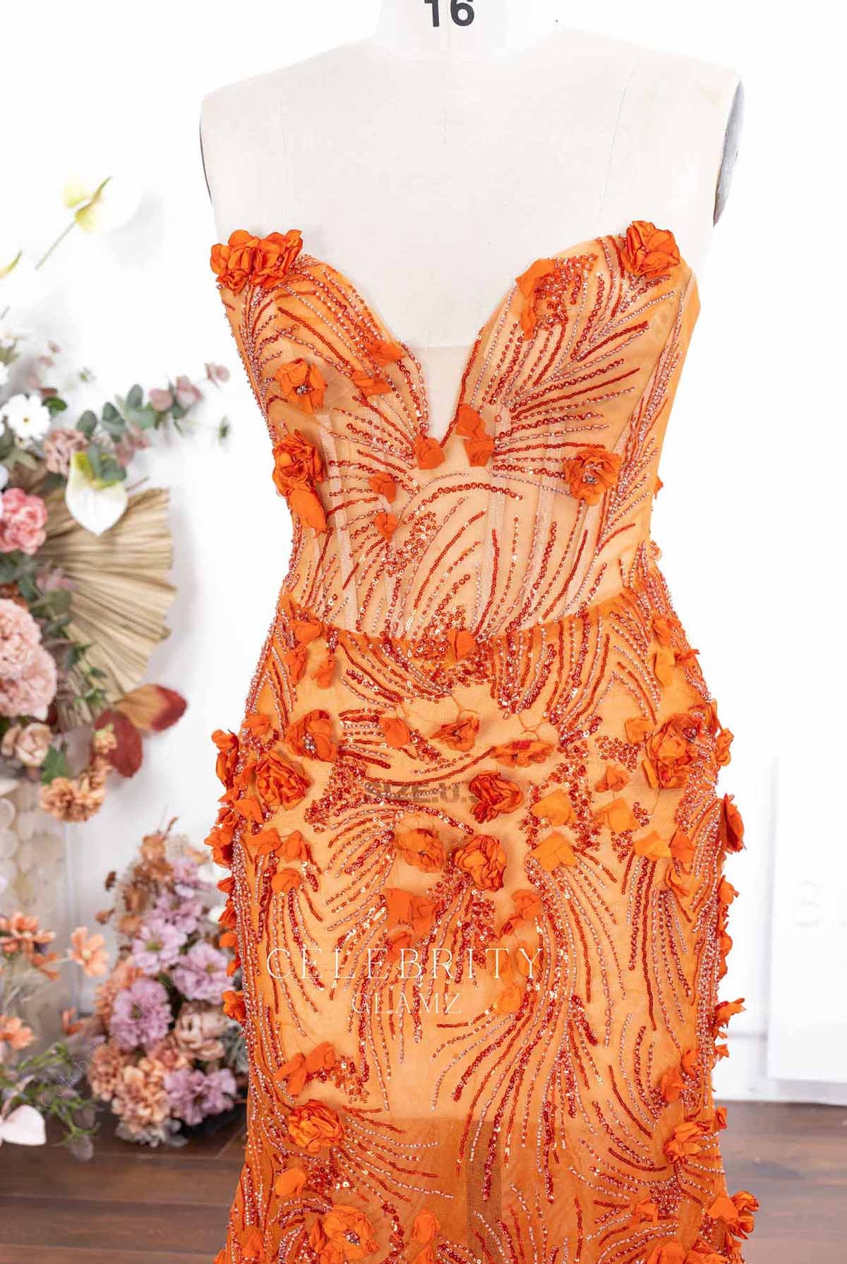 orange plunging neck prom dress