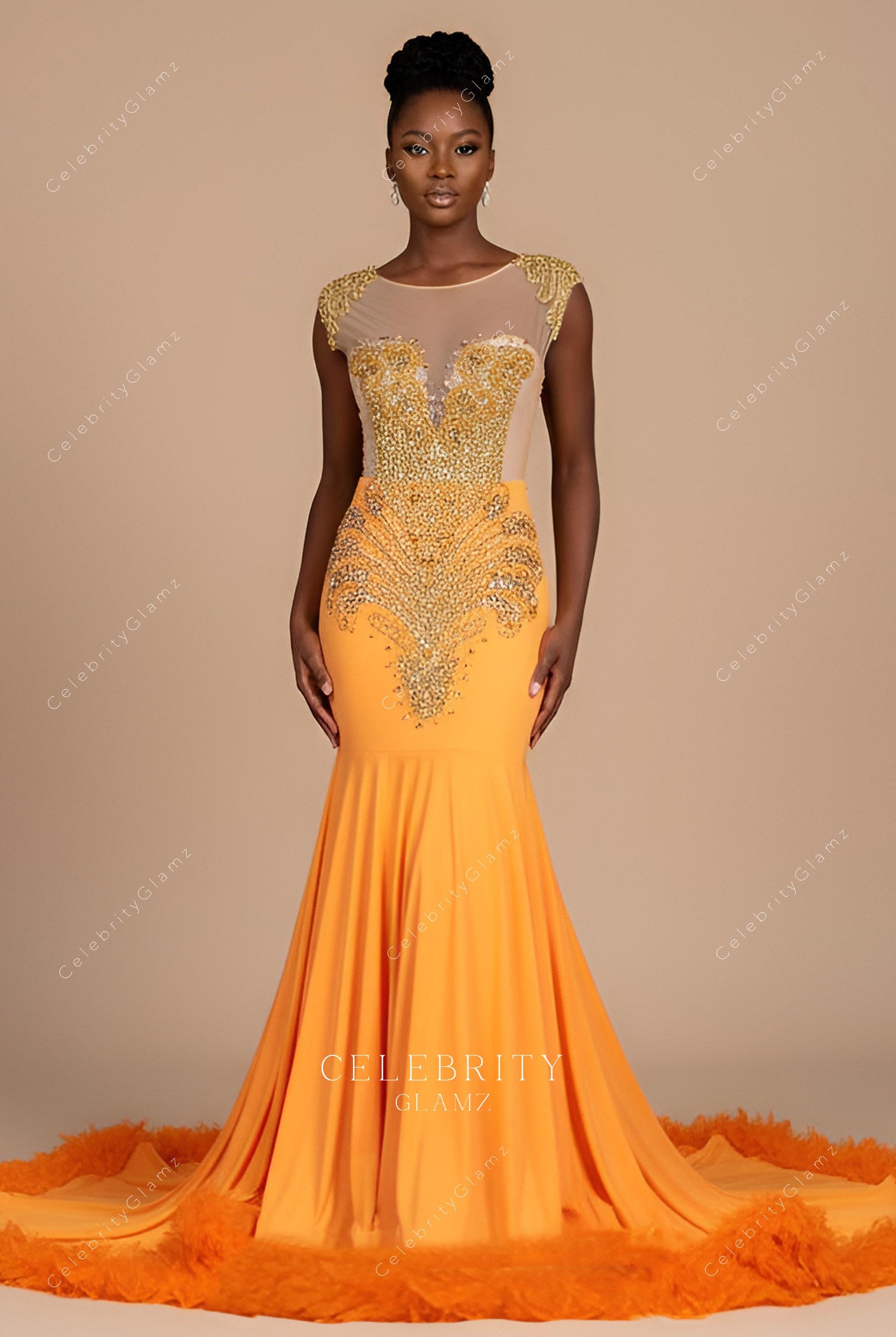 orange rhinestone fit prom dress