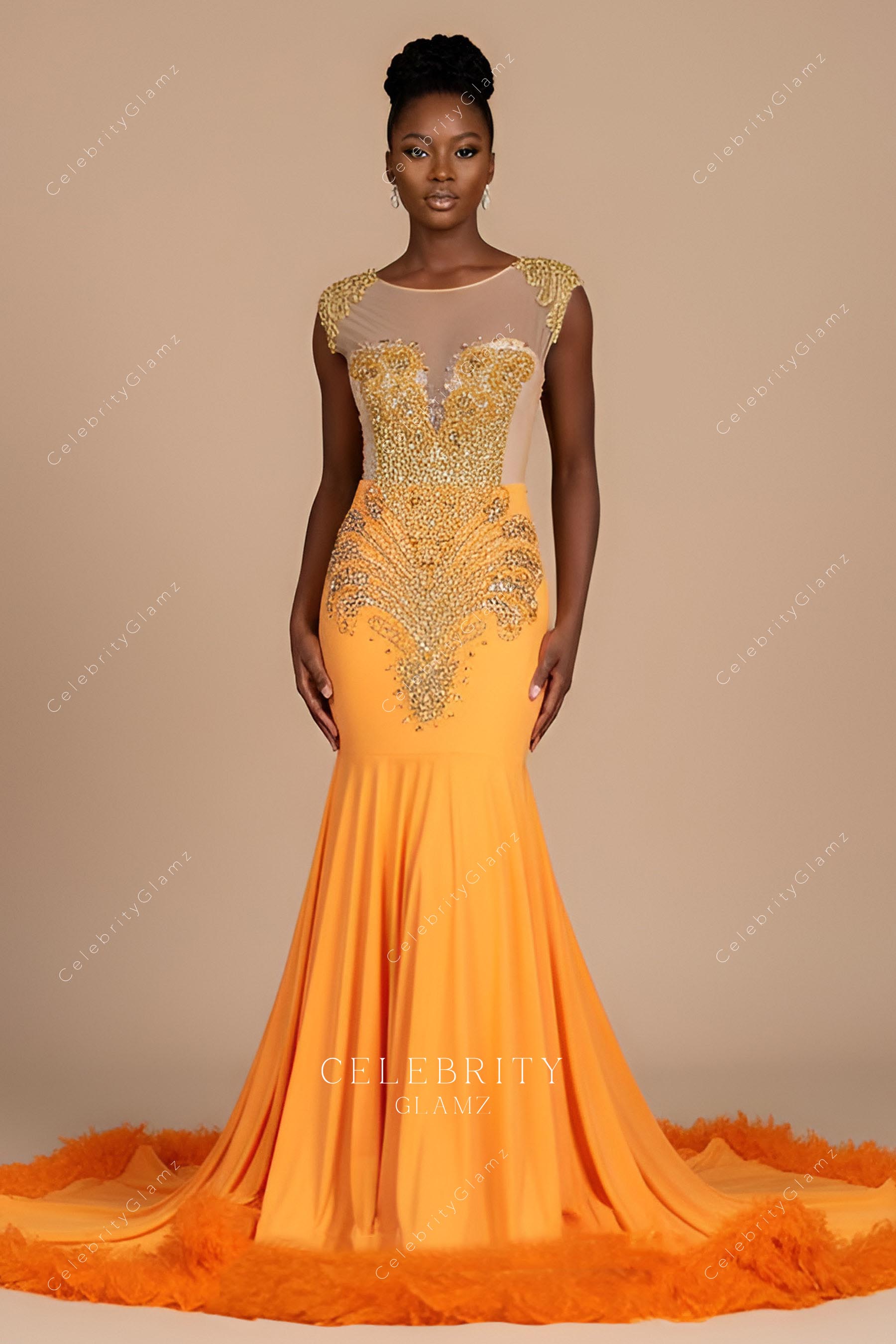 orange rhinestone fit prom dress