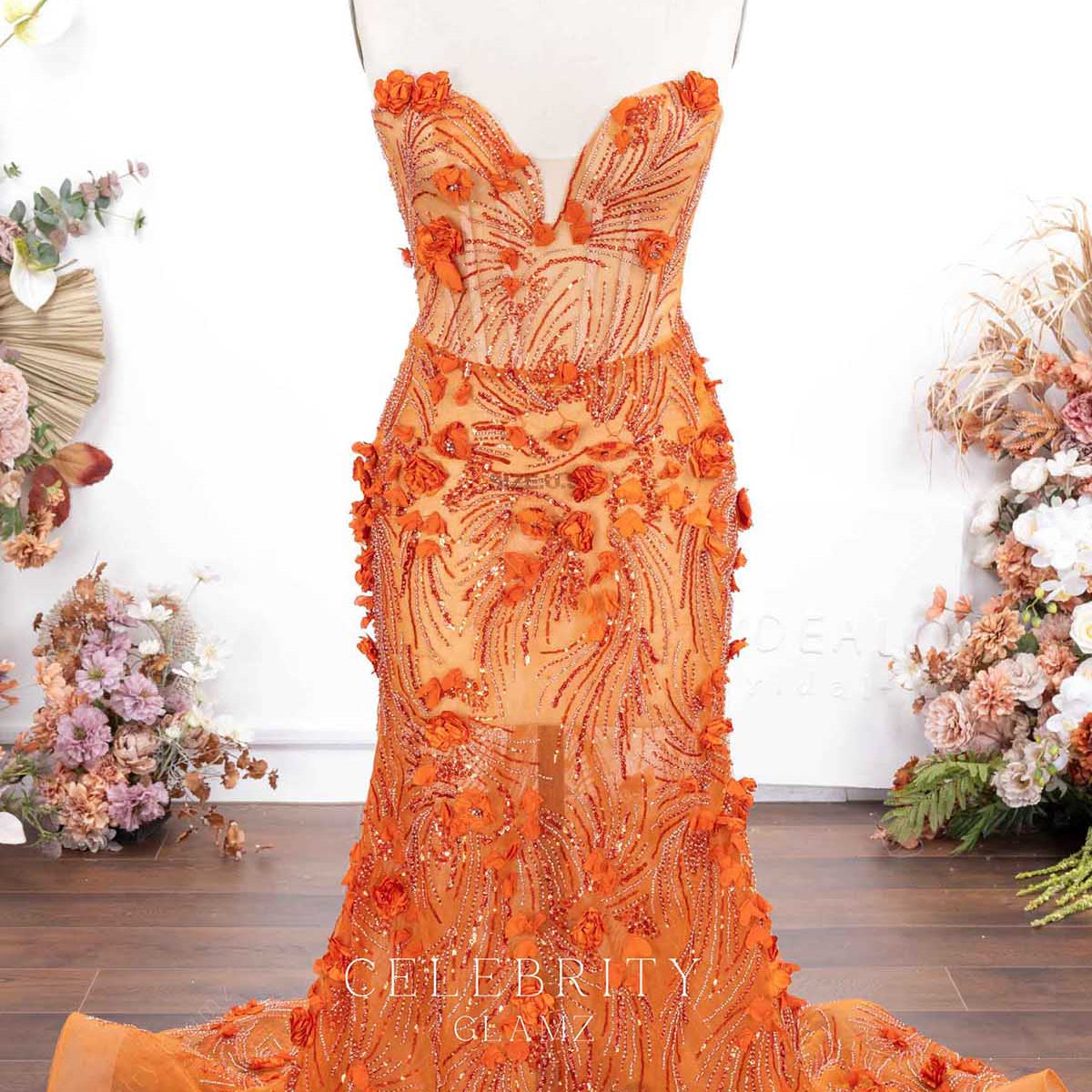 orange mermaid dress Plus Size Orange Glitter Strapless Sheer Mermaid Dress – Celebrity Glamz