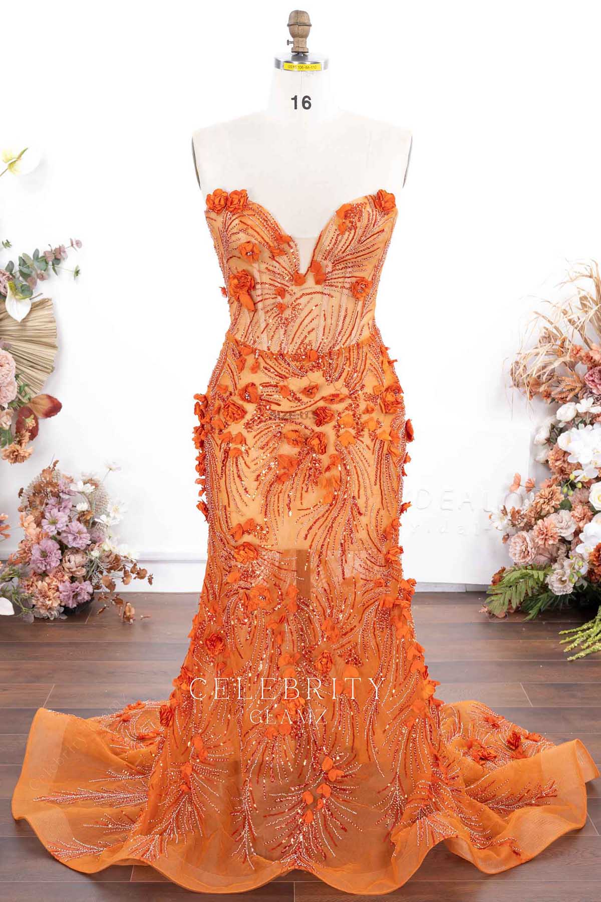 orange strapless prom dress