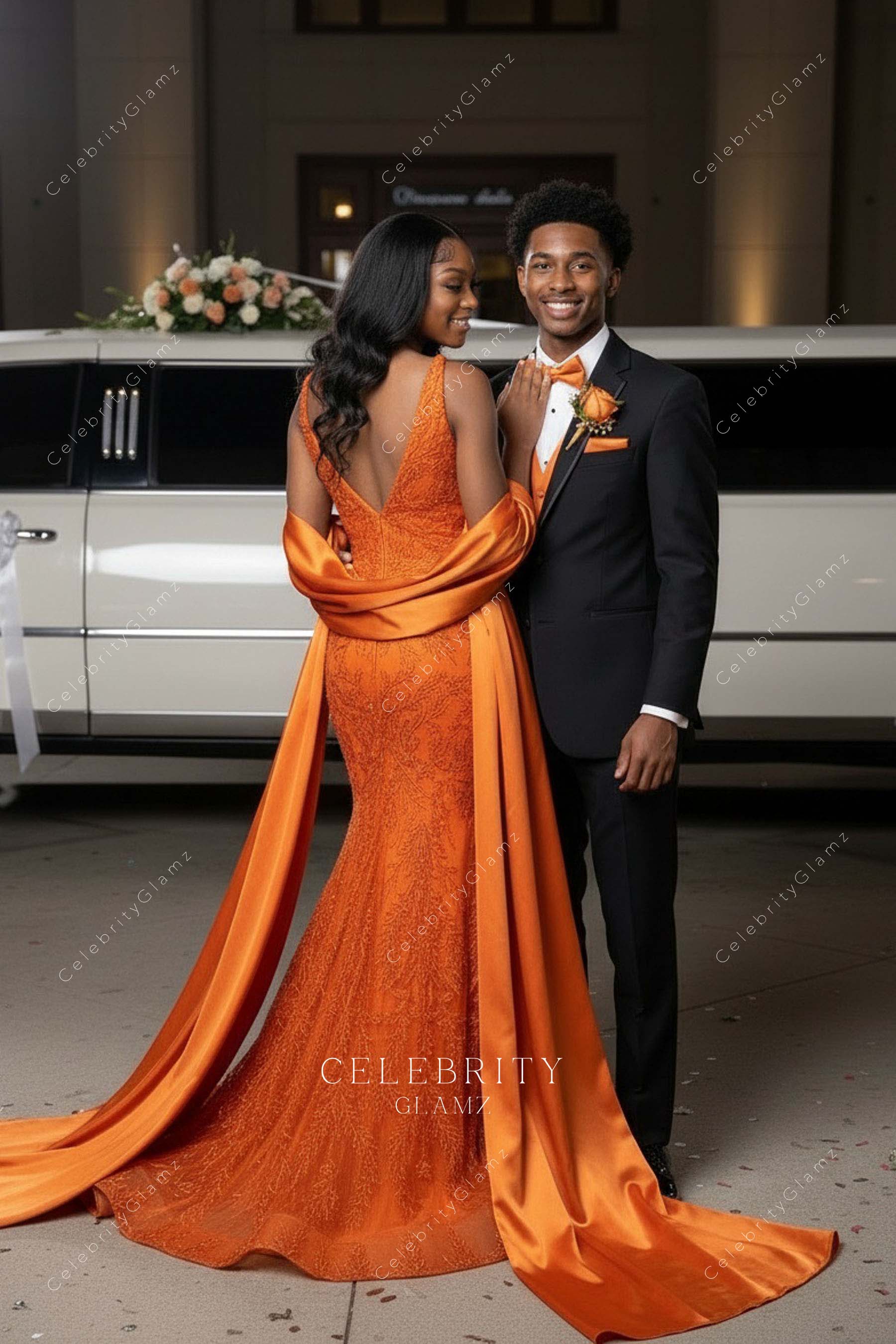 orange trumpet v back prom dress