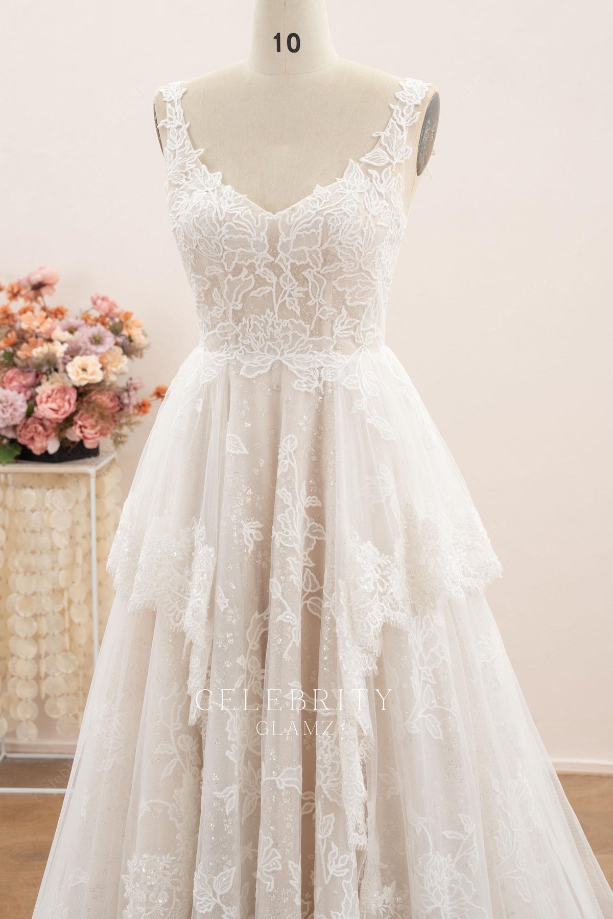 overlay lace v neck long wedding dress