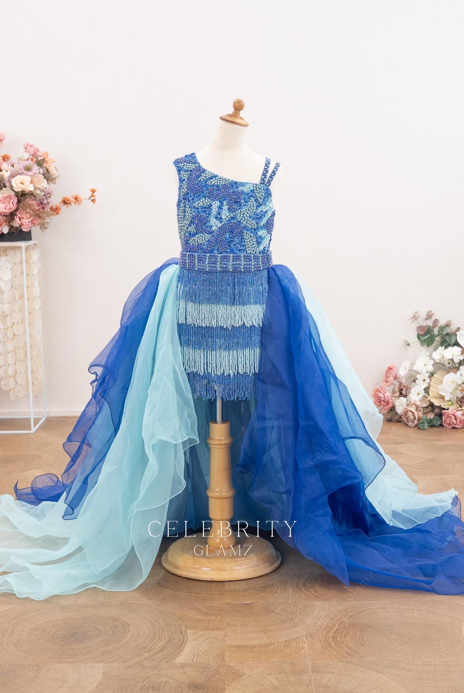 overskirt beaded tassel short kids pageant dress