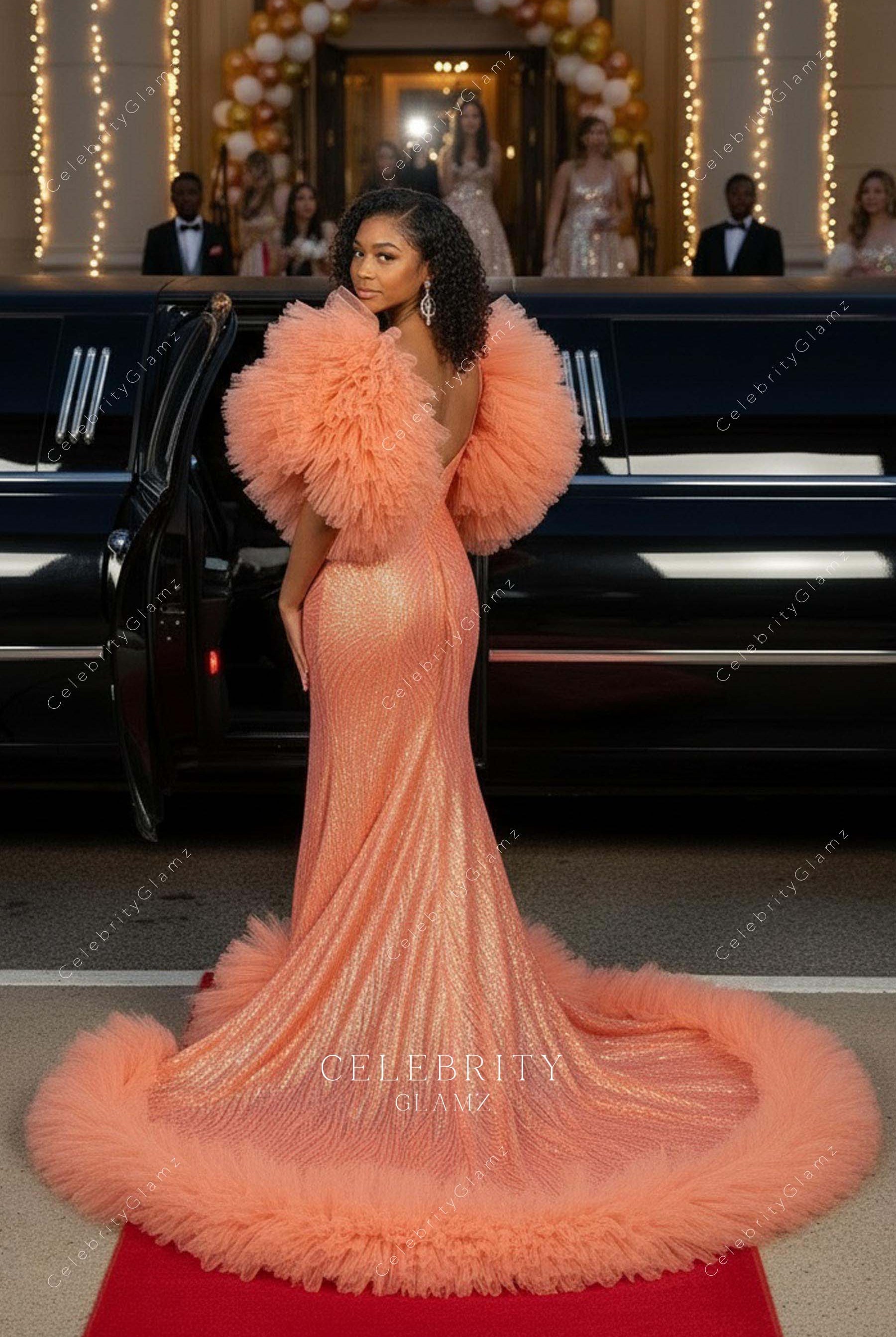 papaya mermaid chapel train prom dress