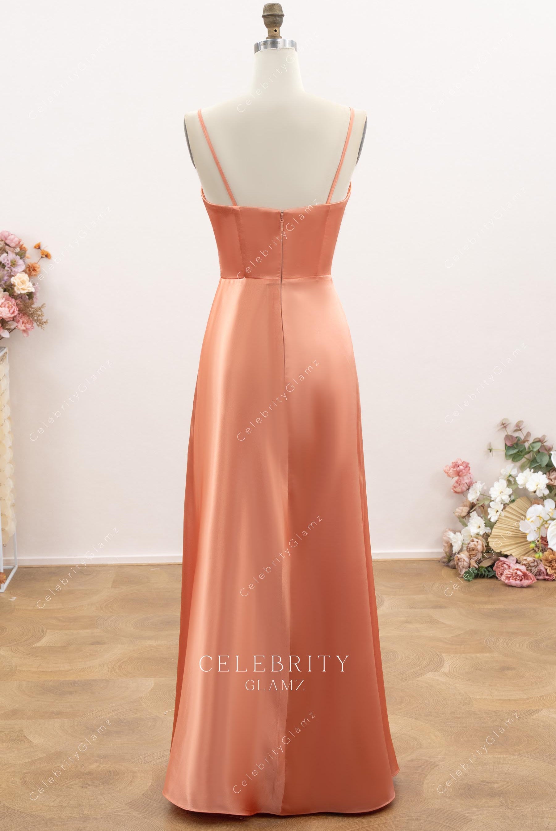 papaya satin floor length bridesmaid dress