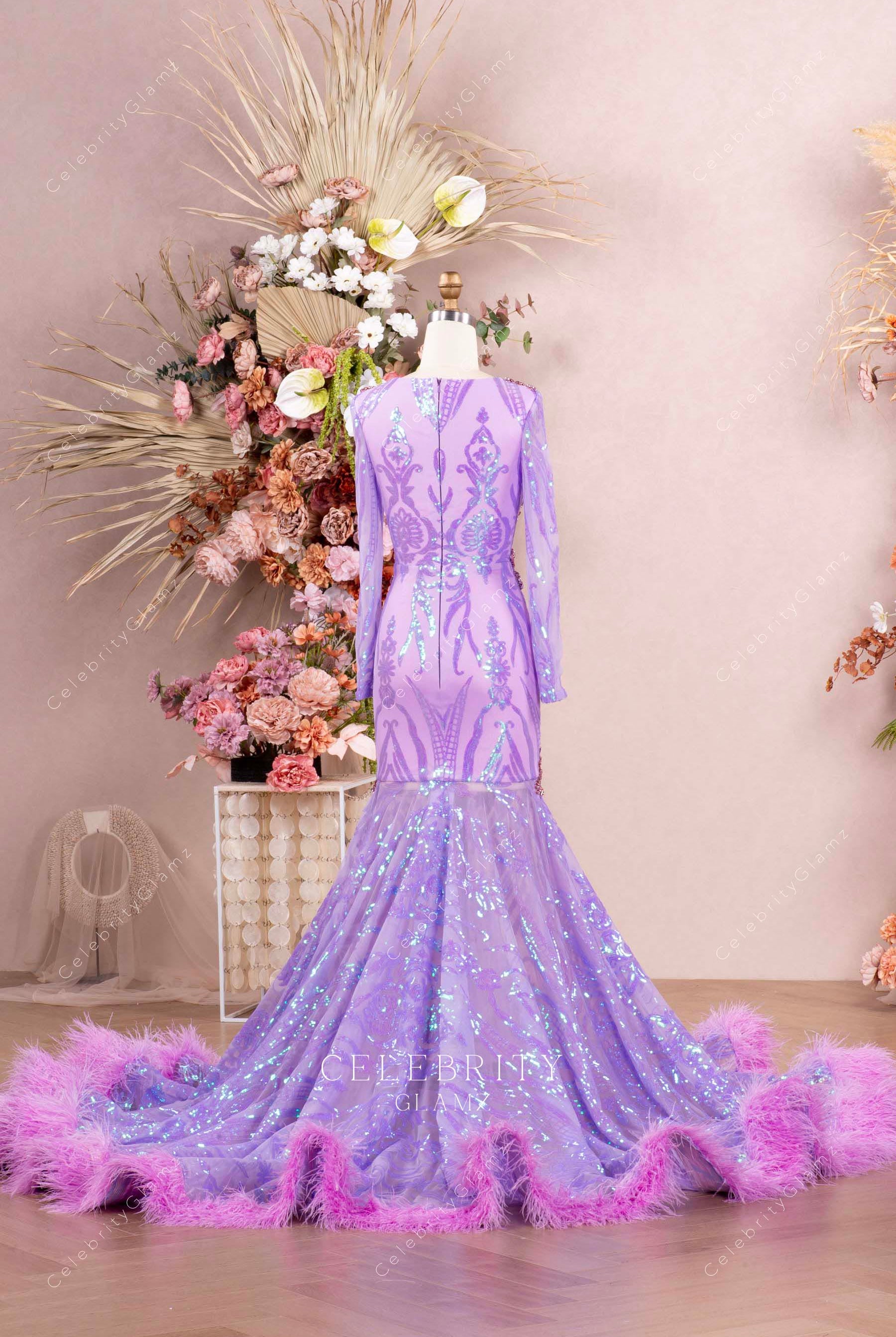 patterned sequin chapel train prom dress