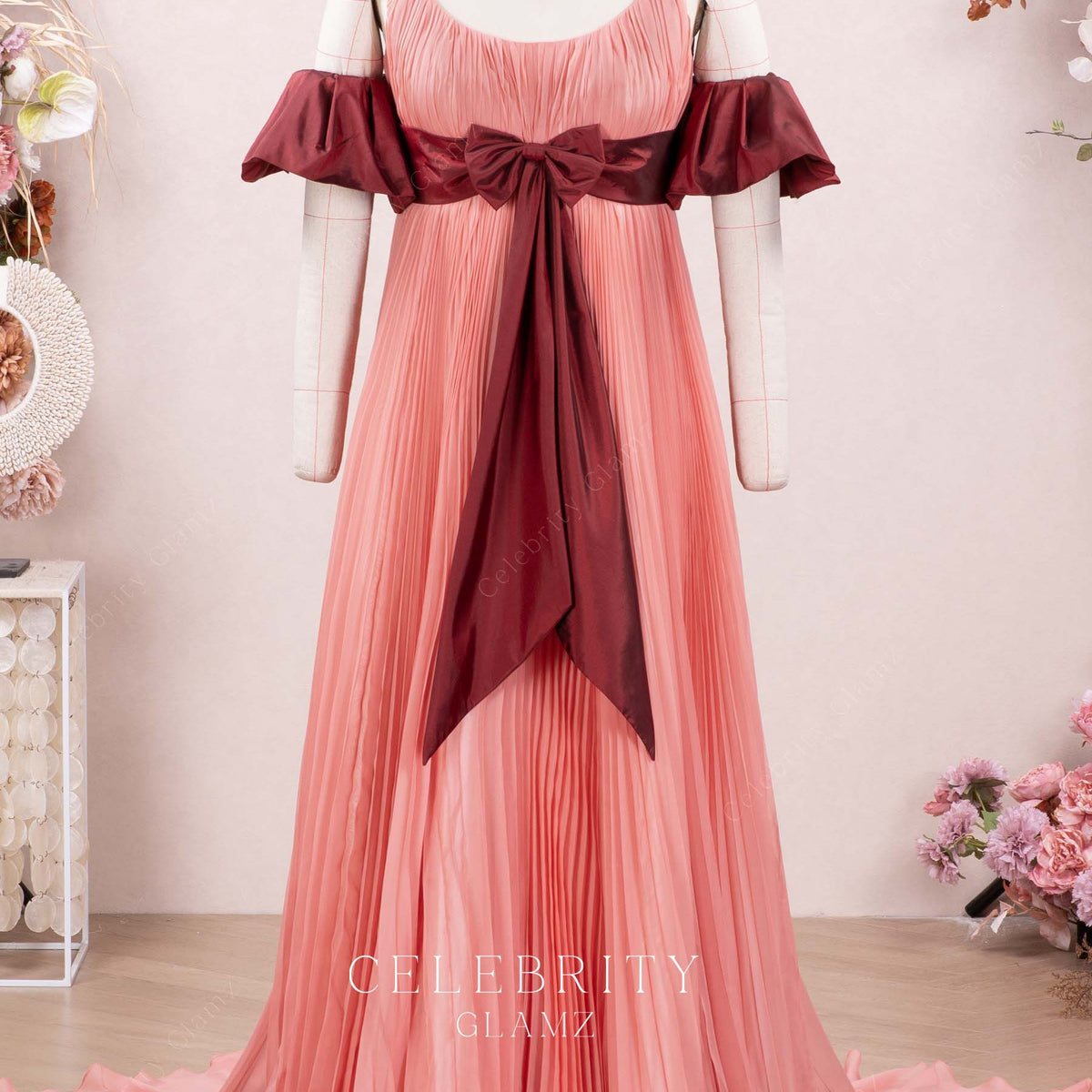 Peach Chiffon Off-Shoulder A-Line Formal Gown – Celebrity Glamz