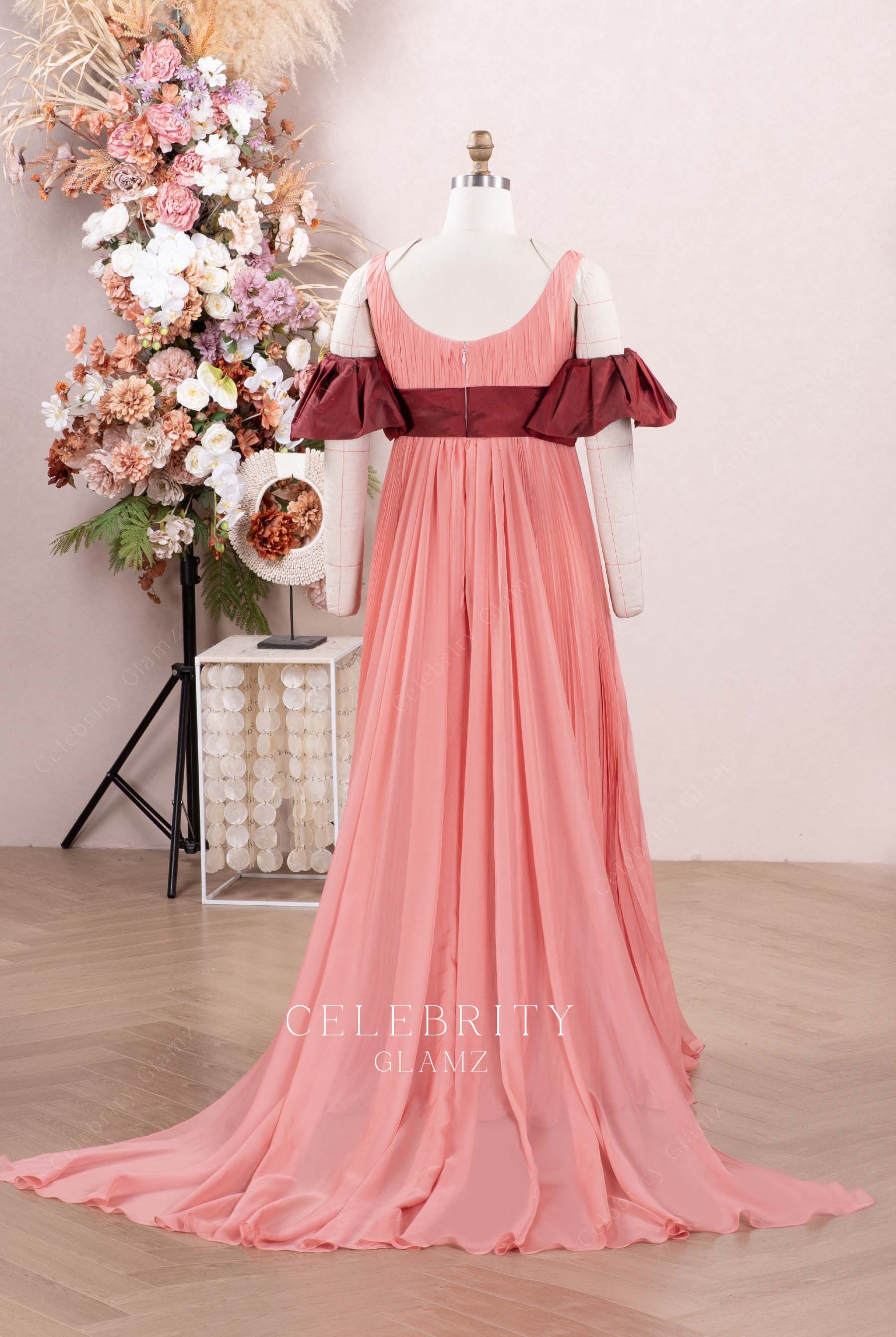 peach panel train formal dress