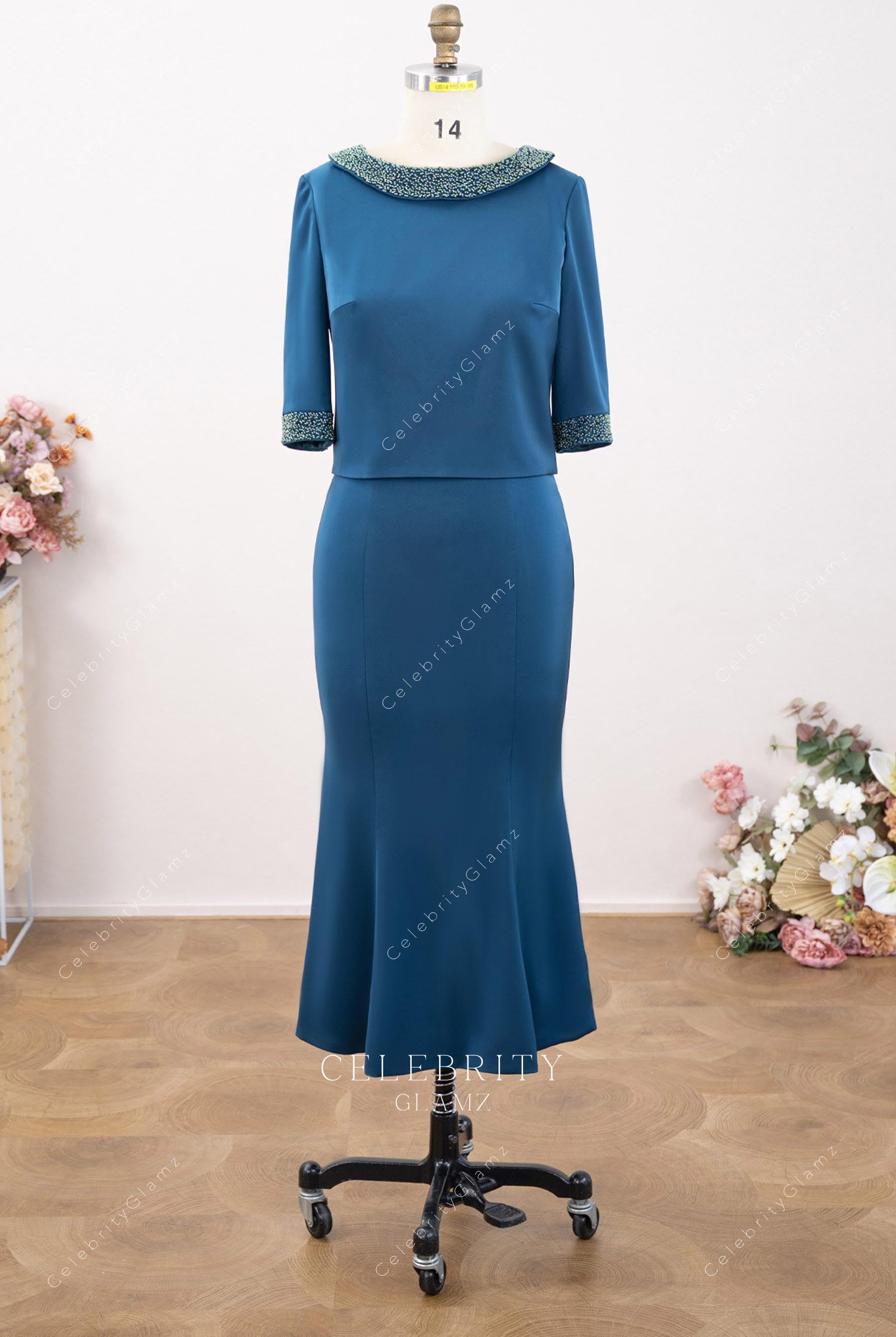 peacock fit flare mother of bride dress