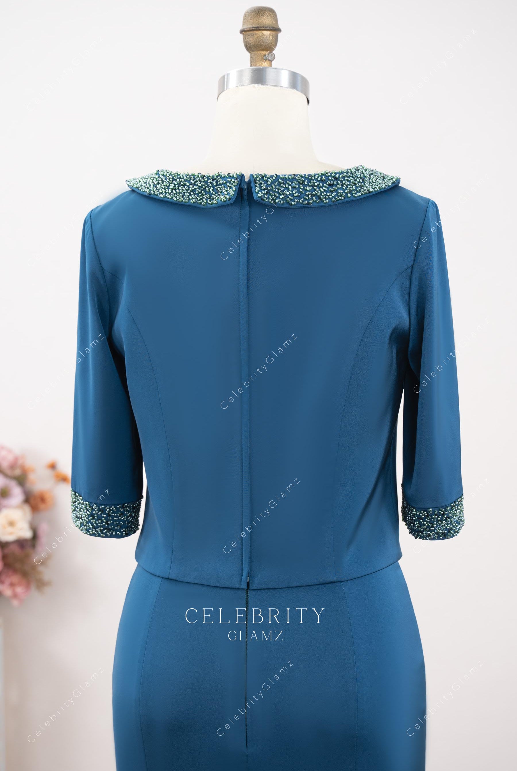 peacock half sleeve mother of bride dress