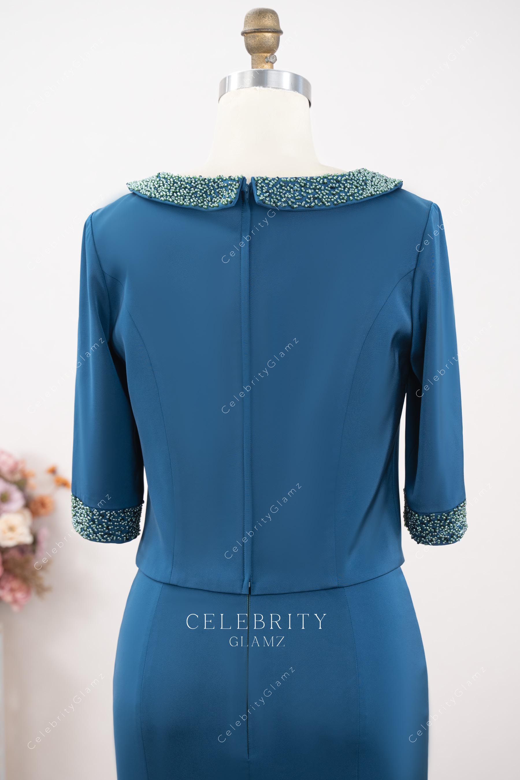 peacock half sleeve mother of bride dress