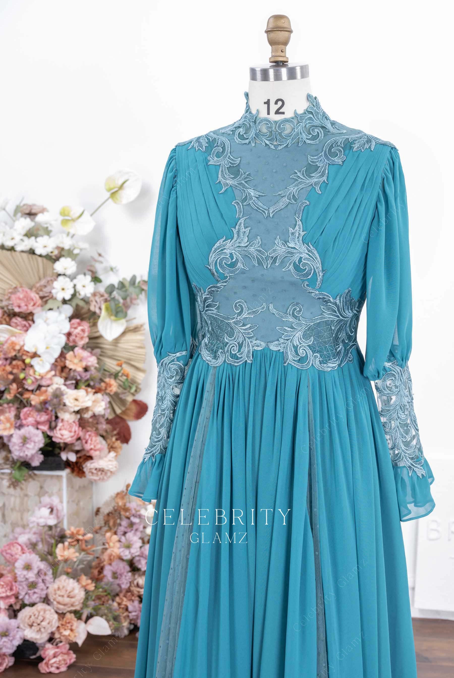 peacock lace high neck formal dress
